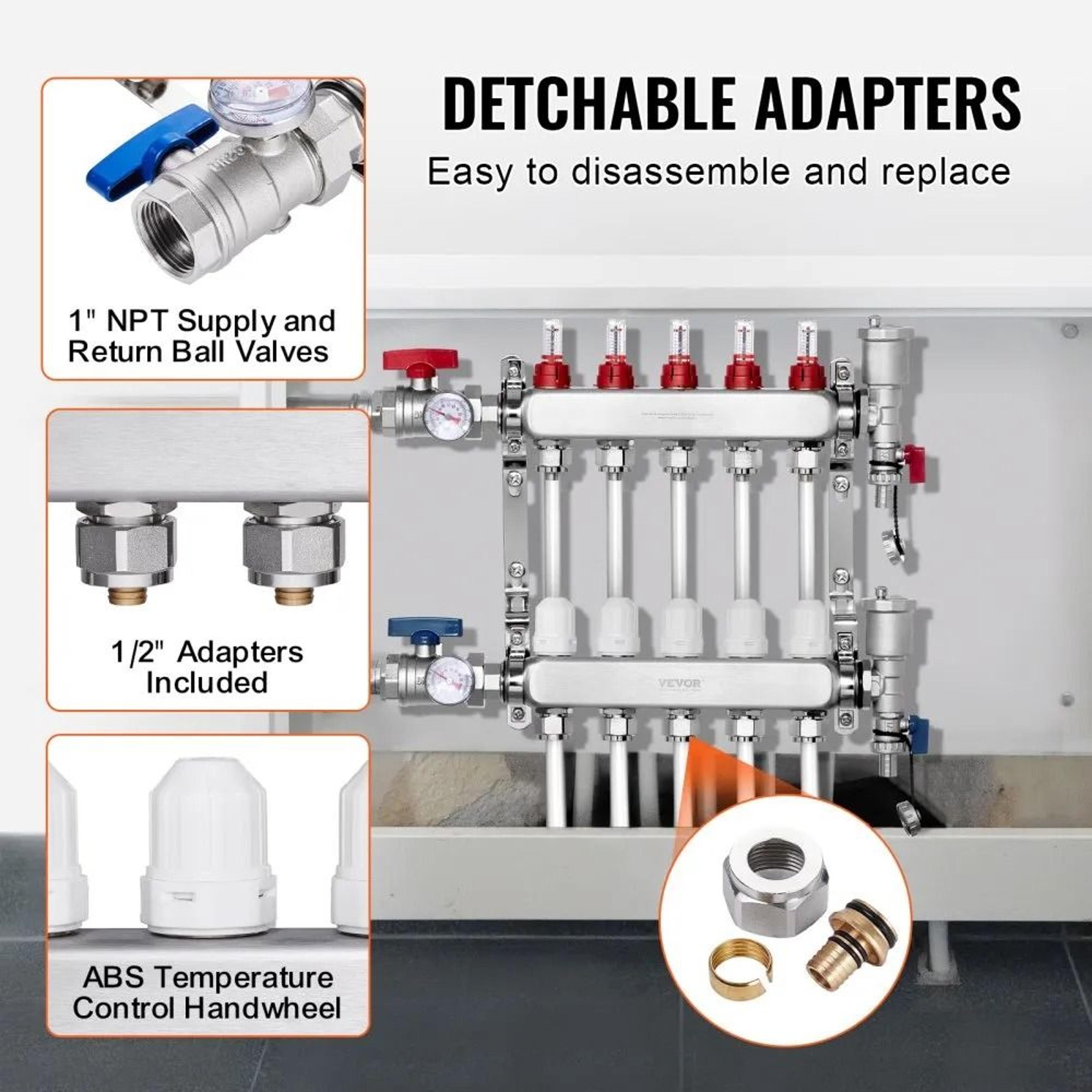 5 Branch Radiant Heat Manifold Stainless Steel PEX Floor Heating Kit 2