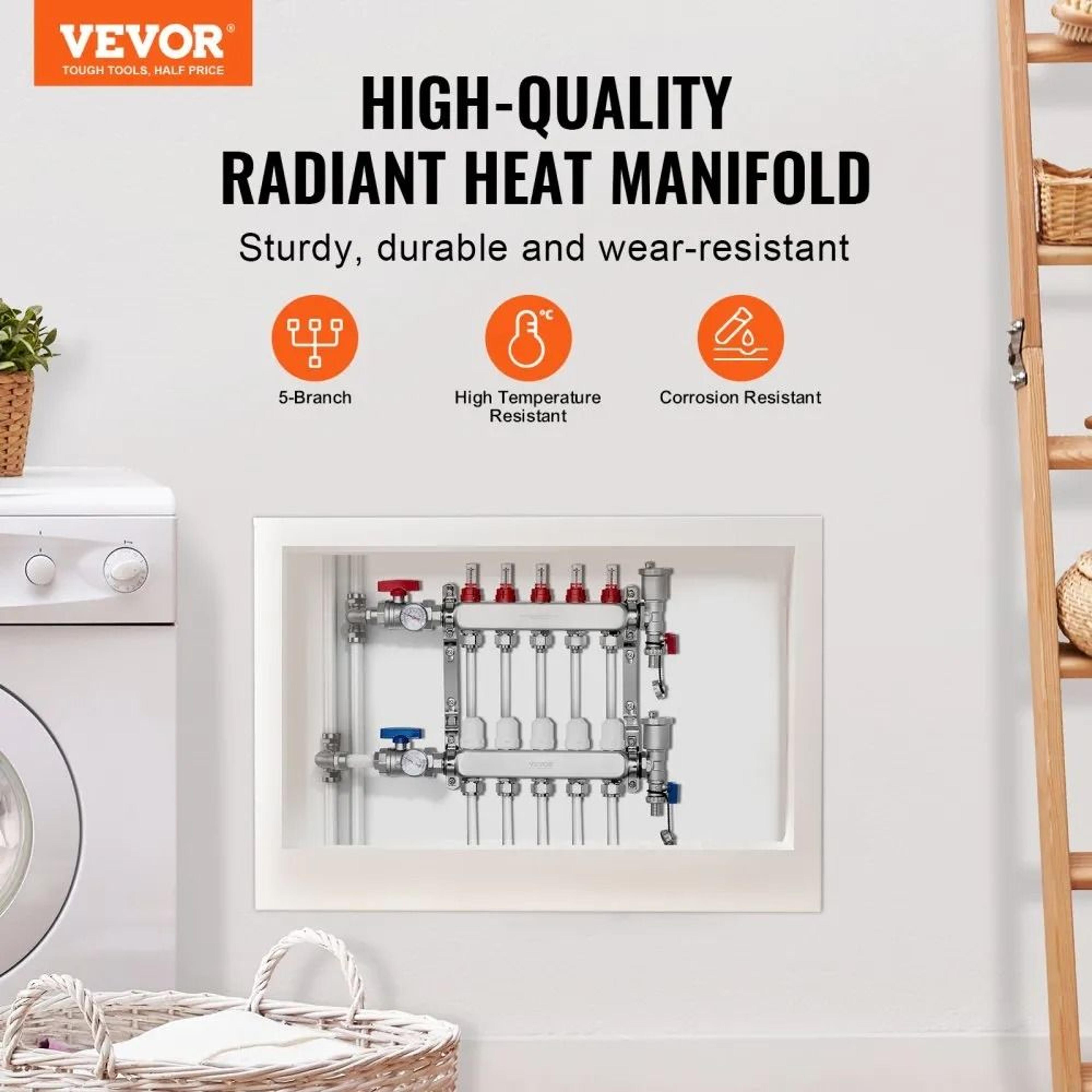 5 Branch Radiant Heat Manifold Stainless Steel PEX Floor Heating Kit 1