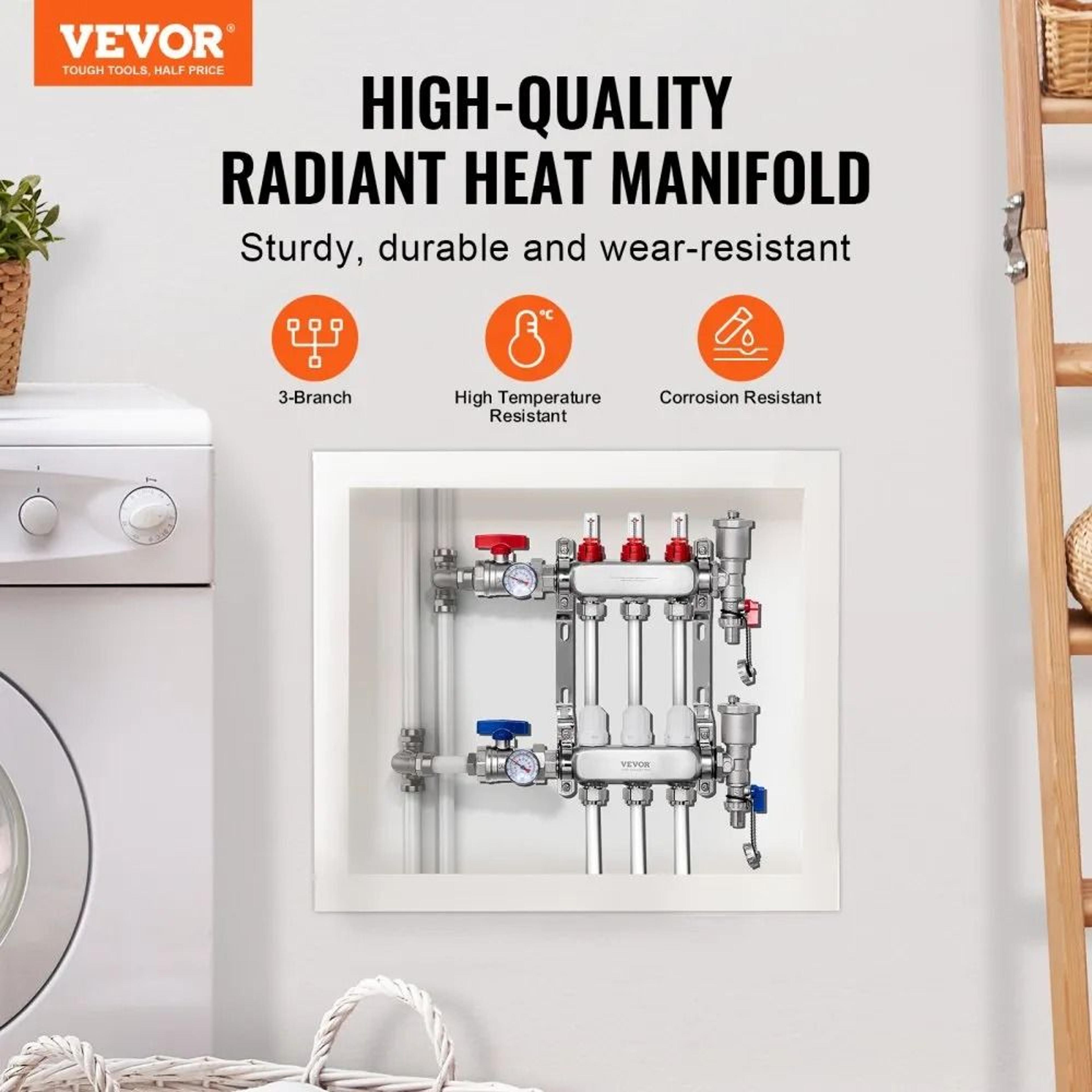 3 Branch Radiant Heat Manifold Stainless Steel PEX Floor Heating Kit 1
