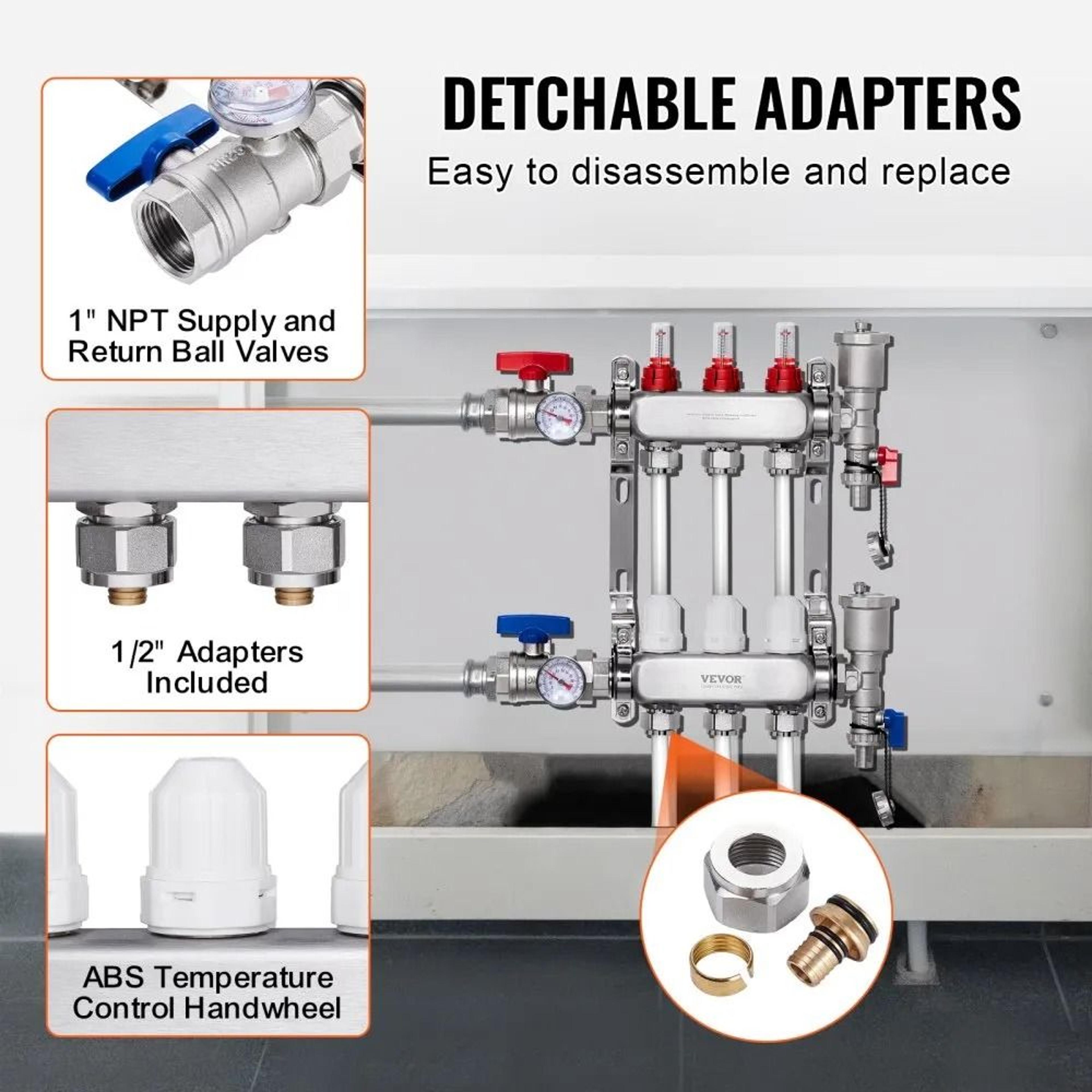3 Branch Radiant Heat Manifold Stainless Steel PEX Floor Heating Kit 2