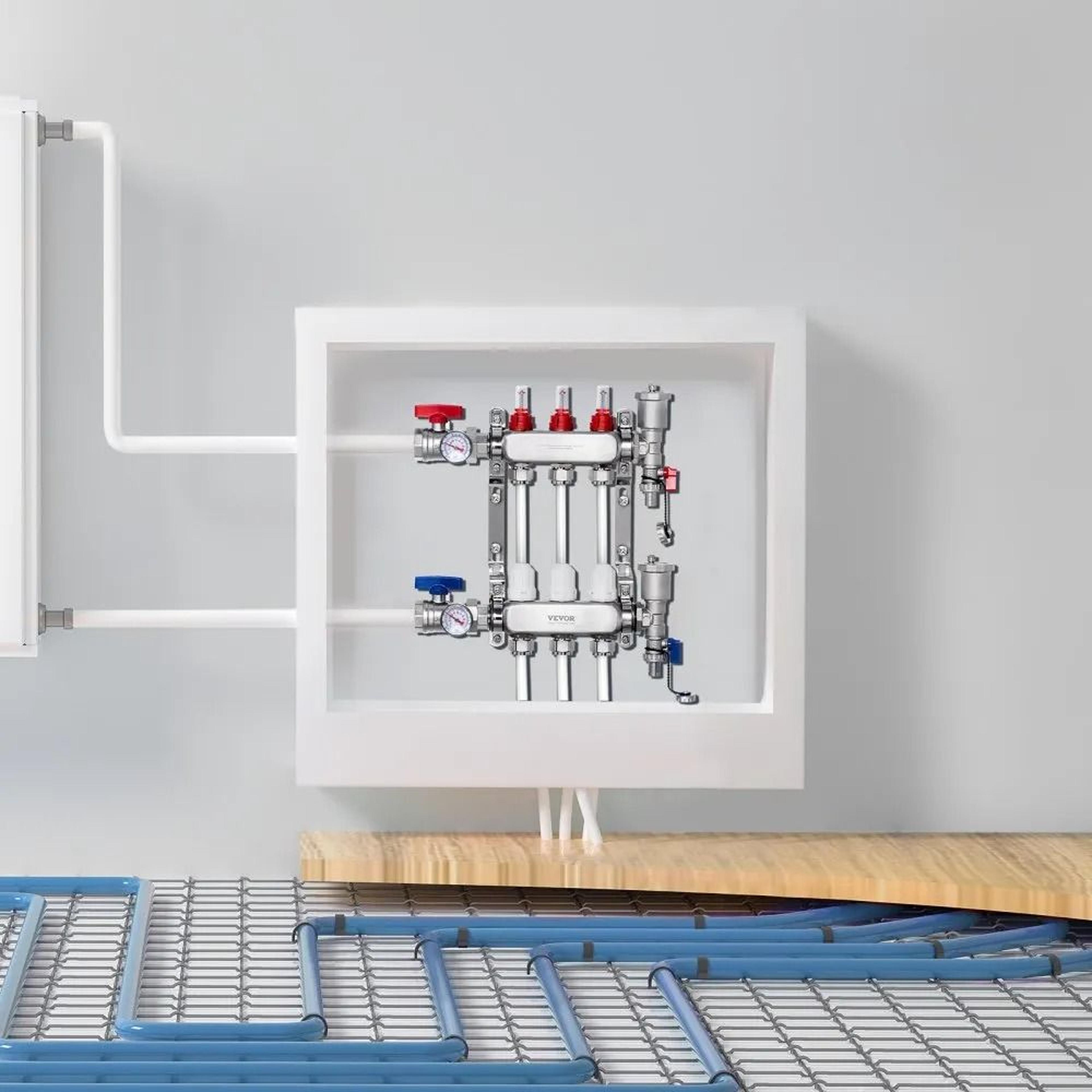 3 Branch Radiant Heat Manifold Stainless Steel PEX Floor Heating Kit 6