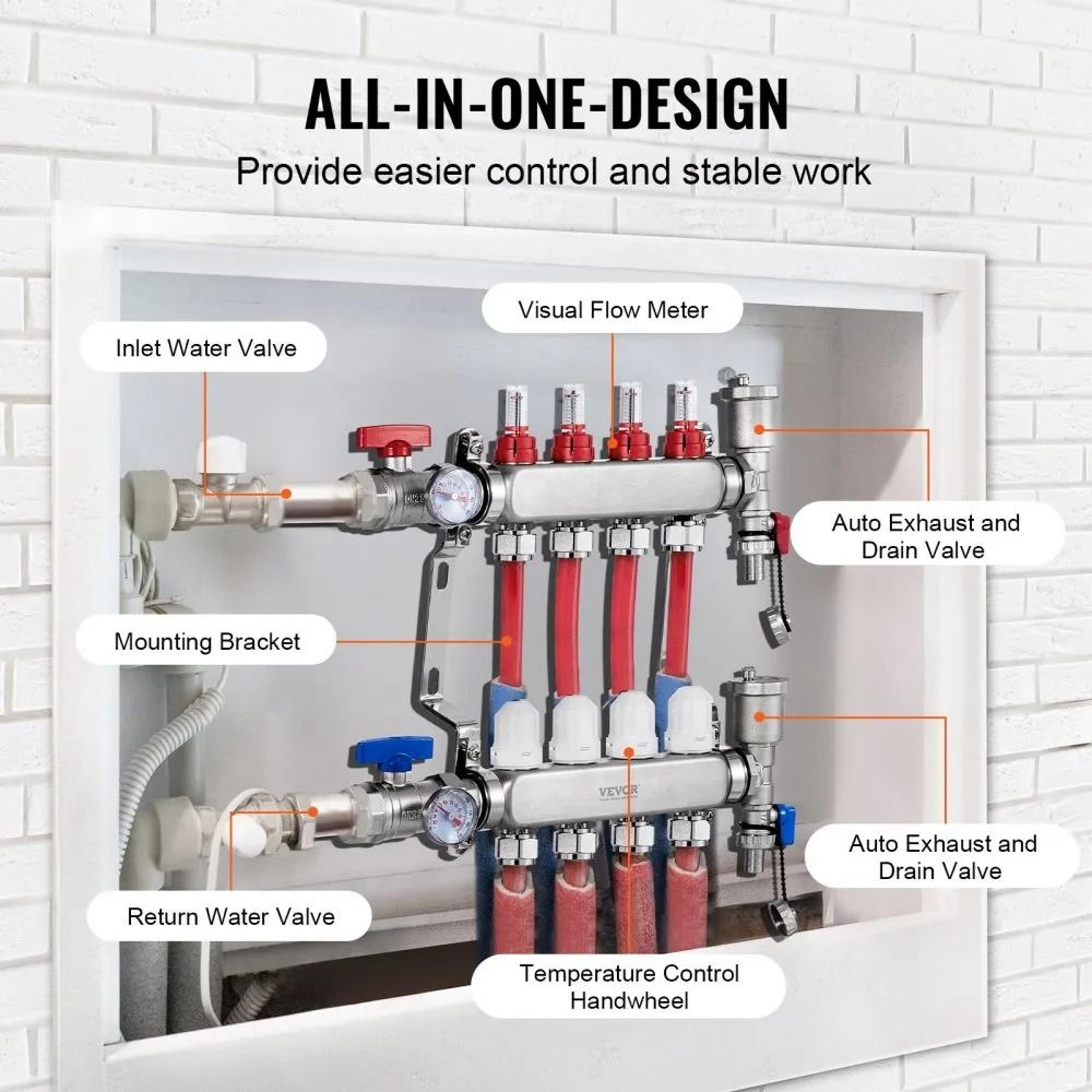 4 Branch Radiant Heat Manifold For 12 Inch PEX Floor Heating Systems 3
