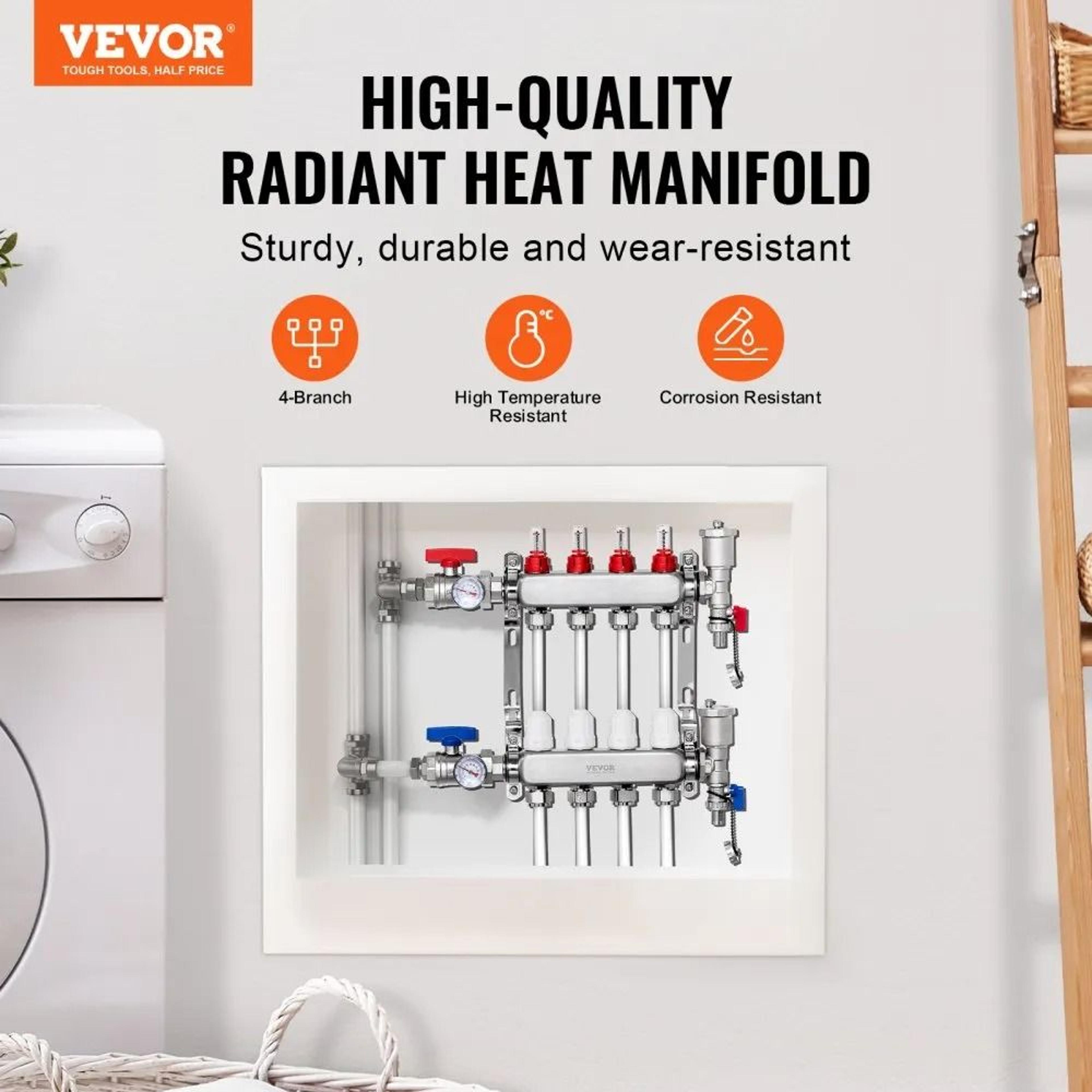 4 Branch Radiant Heat Manifold For 12 Inch PEX Floor Heating Systems 1
