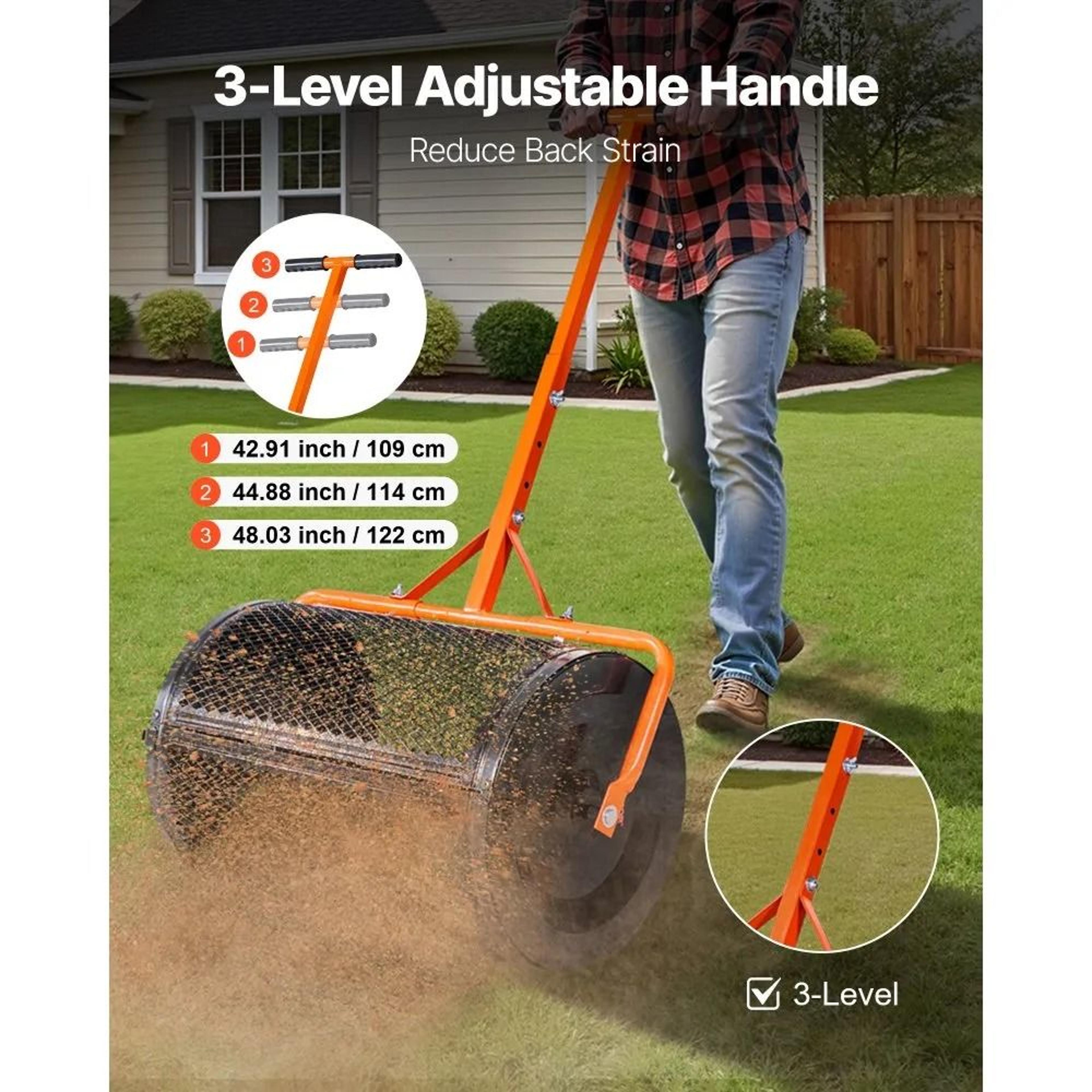 24 Inch Compost Spreader With Adjustable Handle And Peat Moss Roller 1