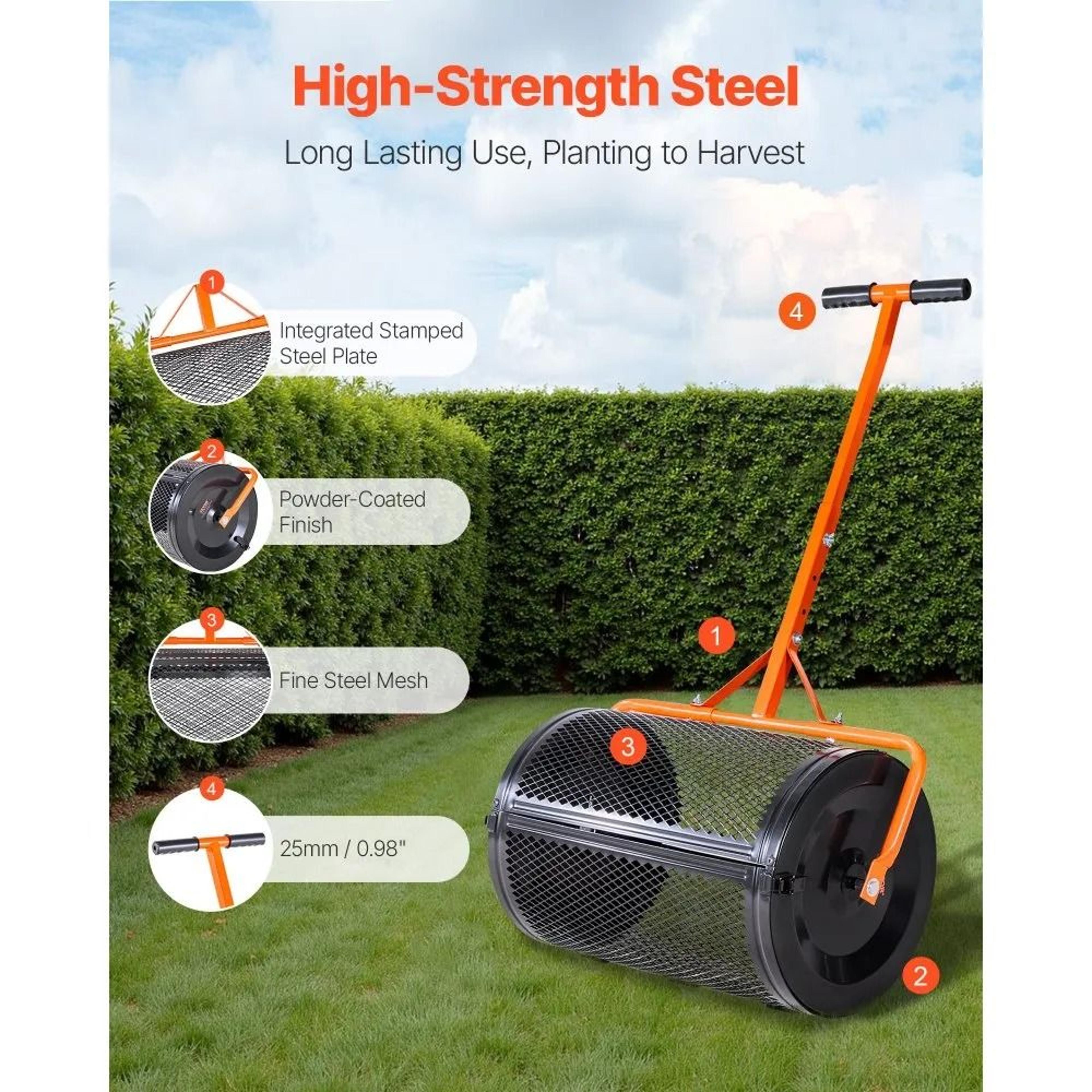 24 Inch Compost Spreader With Adjustable Handle And Peat Moss Roller 5