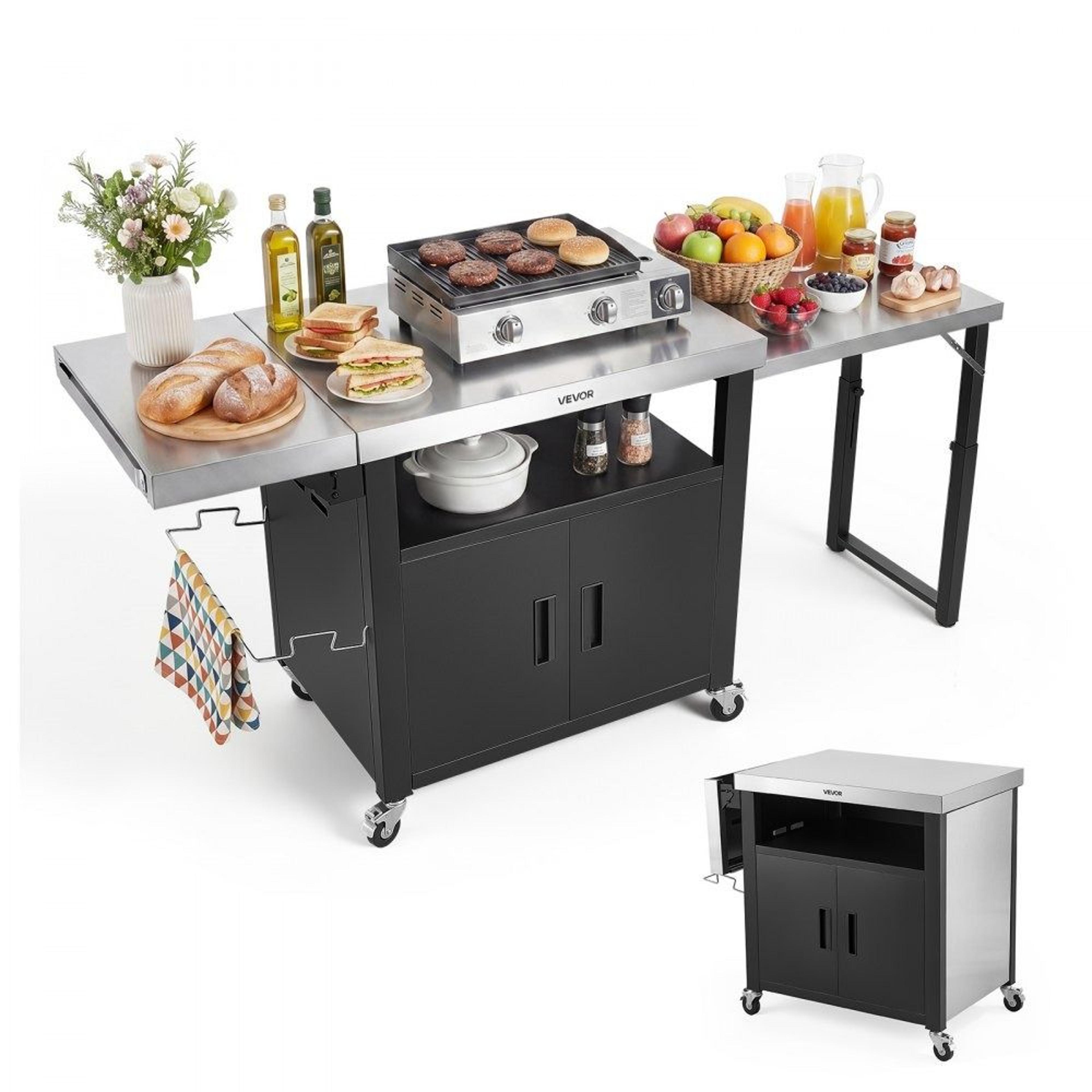 74.8 inch outdoor grill cart with storage cabinet and stainless steel prep table