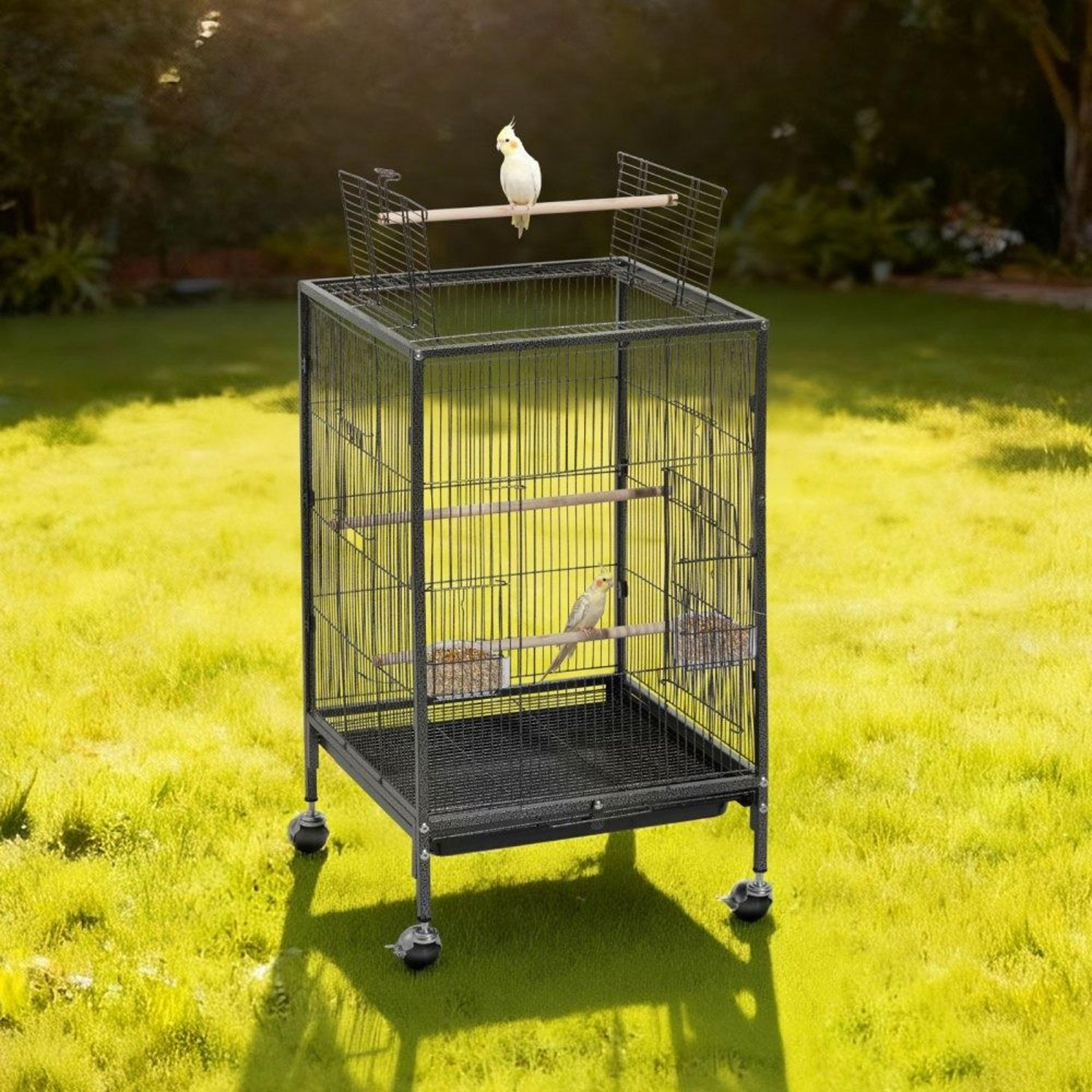 Bird Cage 18x18x30 Inch Wrought Iron Flight Cage With Perches And Rolling Stand 4