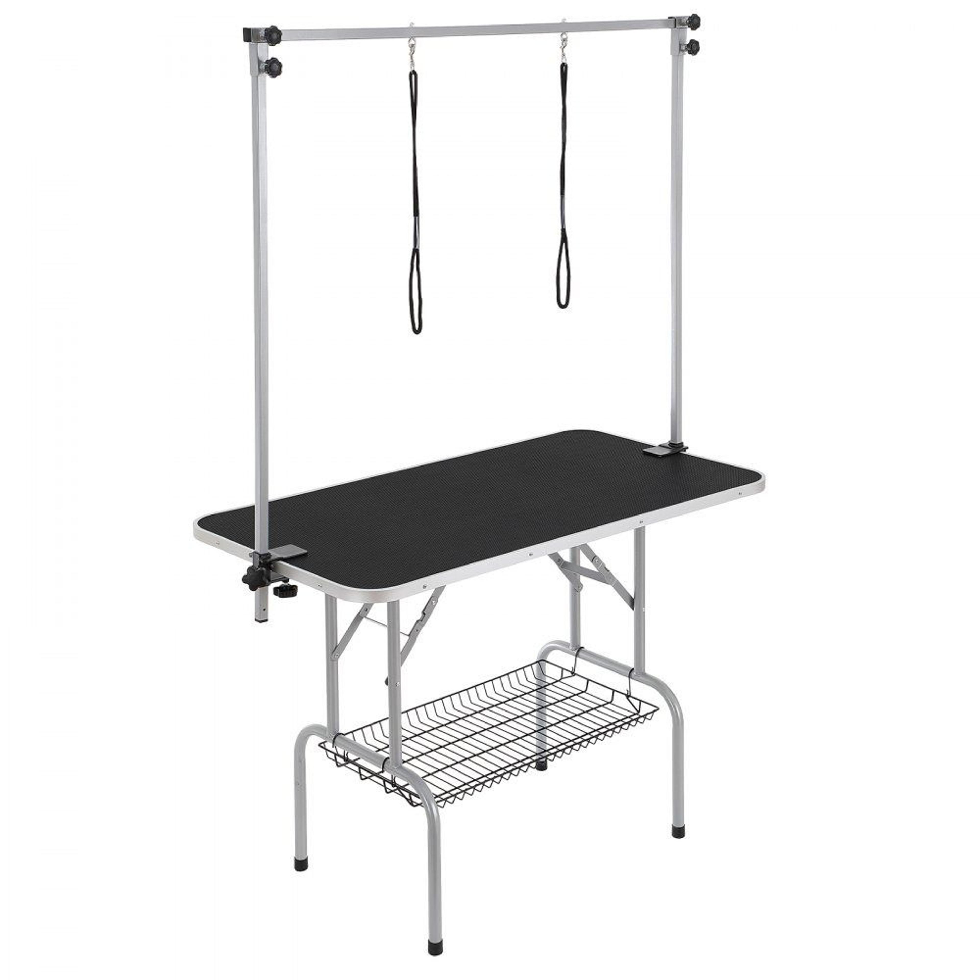 46 inch foldable dog grooming table with adjustable dual arms and 330 lb capacity