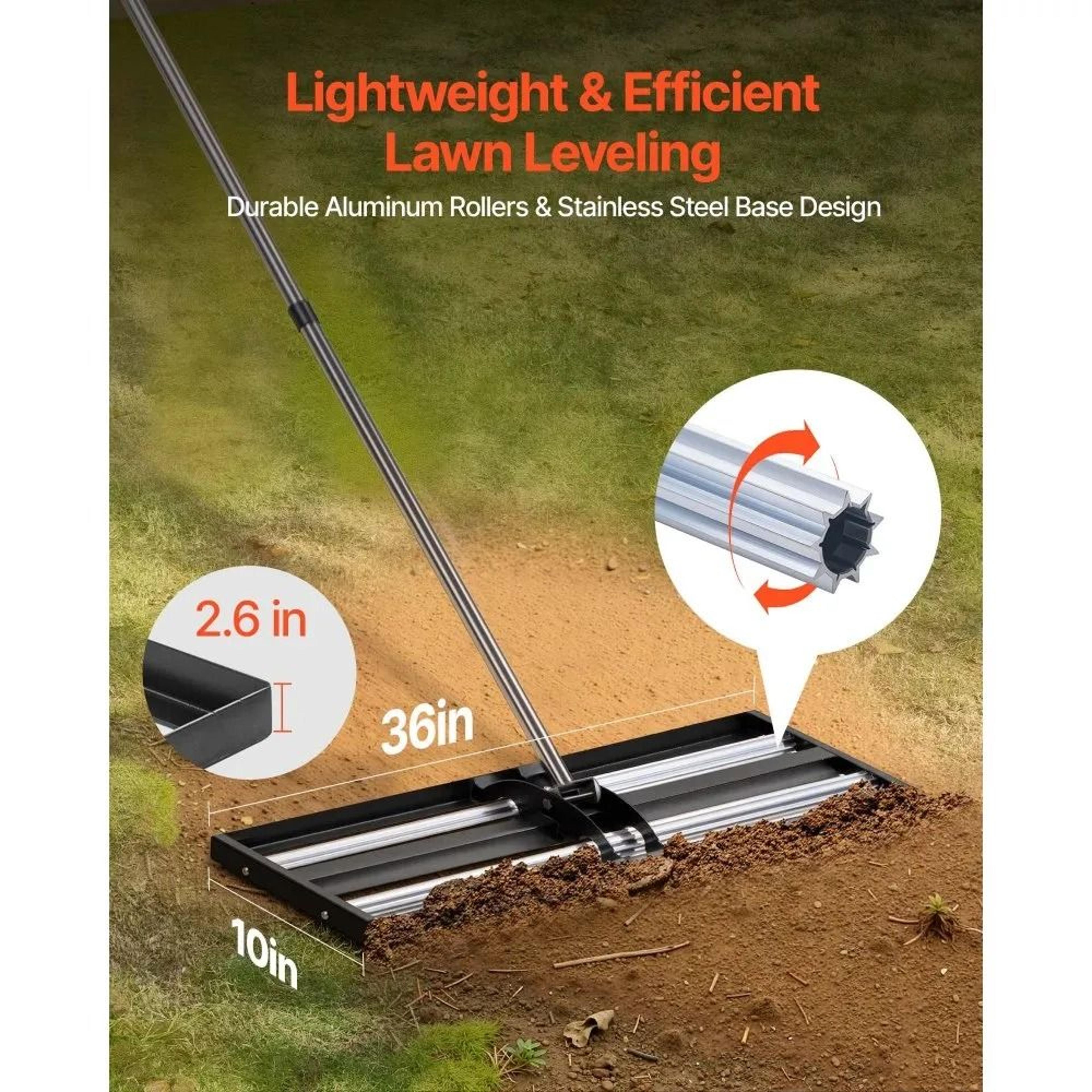 36 Inch Lawn Leveling Rake With Roller And Adjustable Handle For Yard And Garden 1