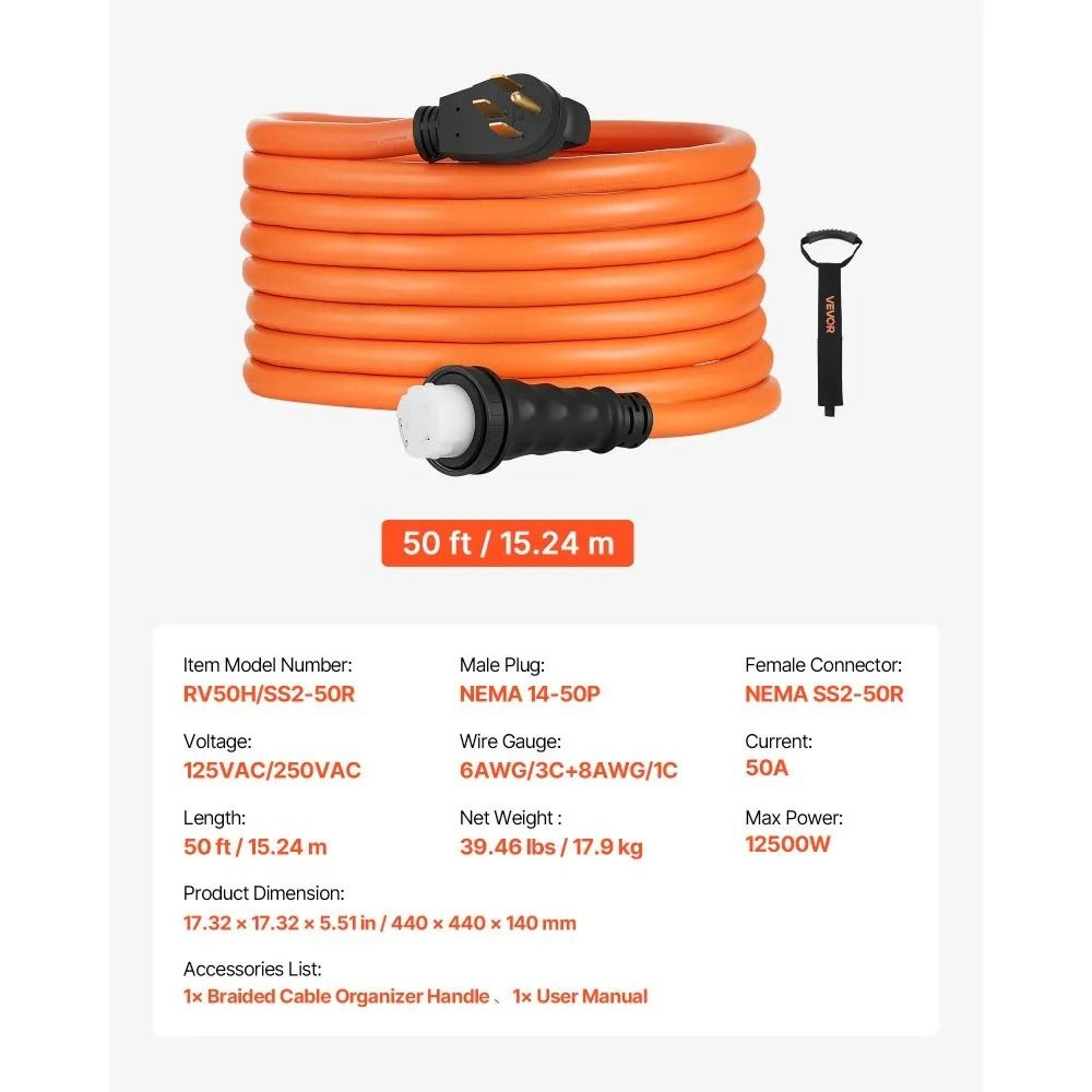 50 Amp Generator Cord 50 FT Heavy Duty RV Power Cord With NEMA 1450P To SS250R Twist Lock 5