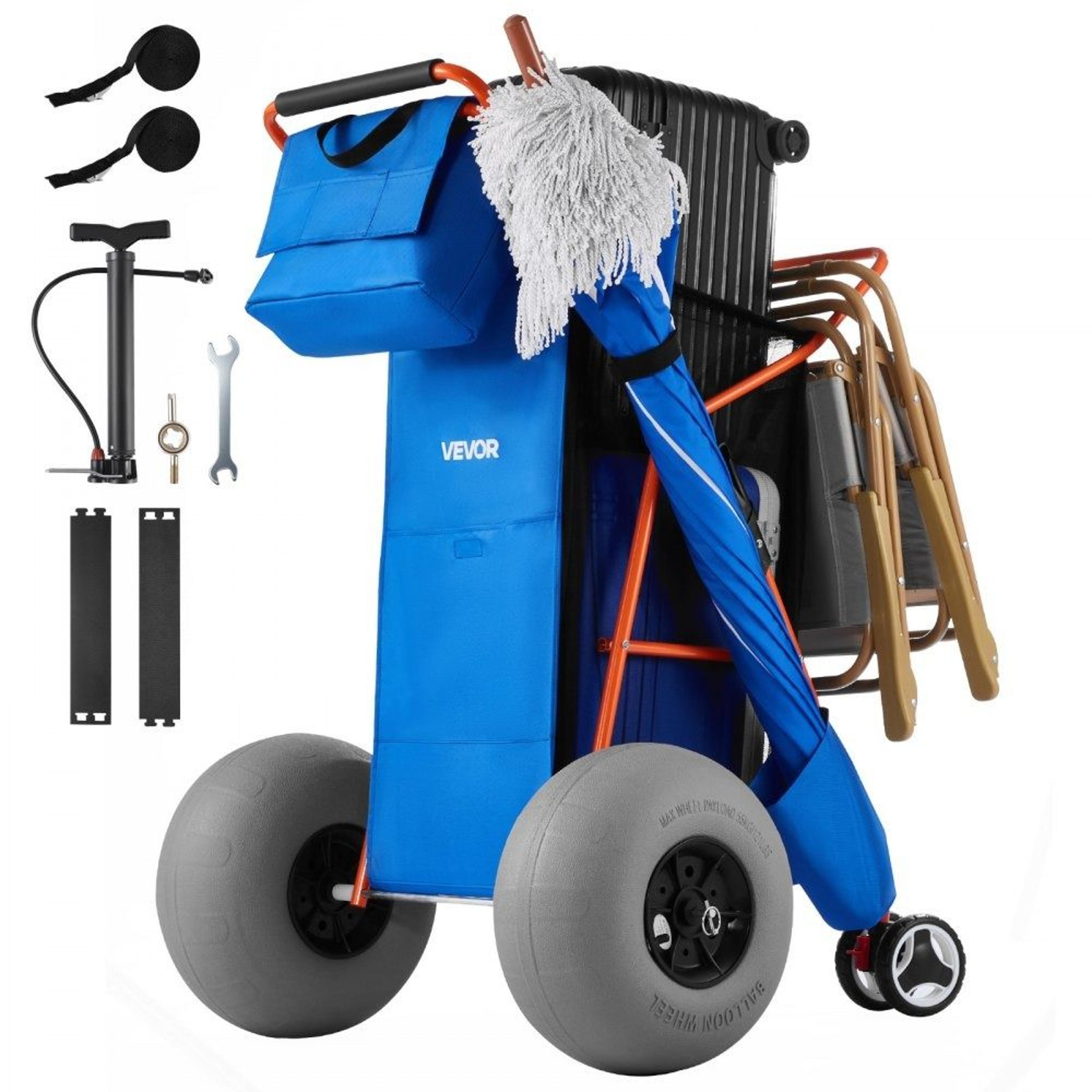 heavy duty folding beach cart with 12 inch balloon wheels and 165 lb capacity