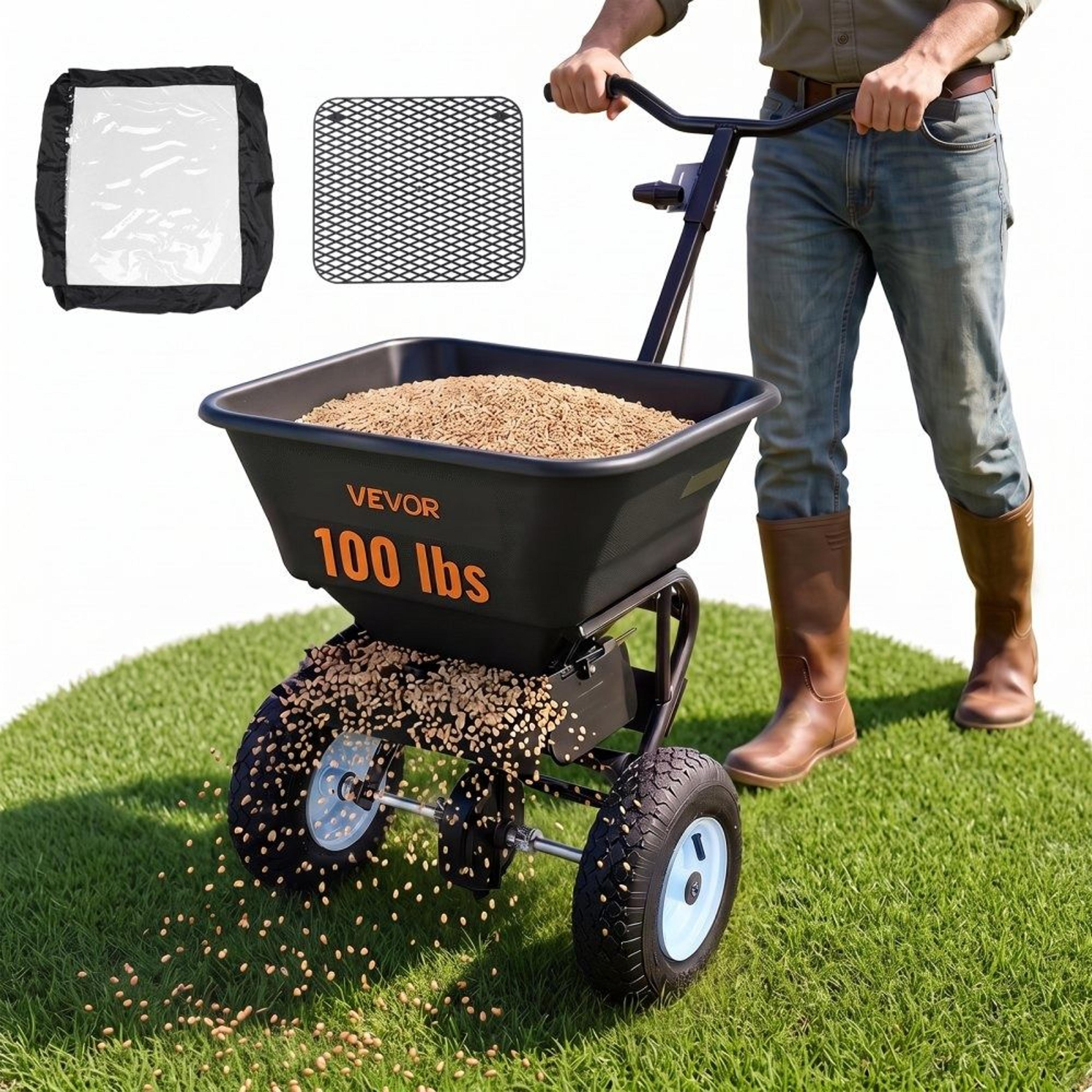 100 Lb Broadcast Spreader With 13 Inch Pneumatic Tires And Adjustable 98 Ft Spread 7