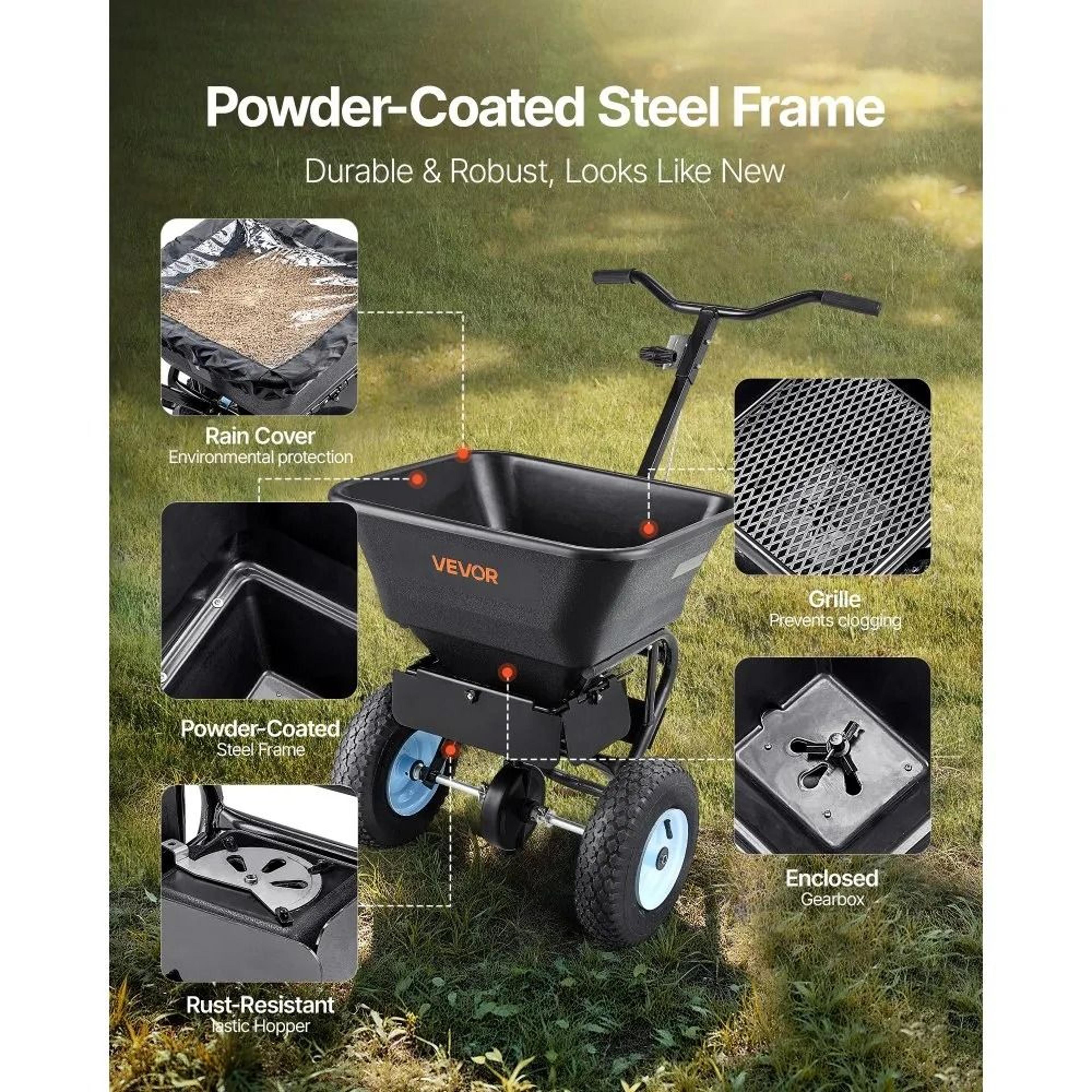 100 Lb Broadcast Spreader With 13 Inch Pneumatic Tires And Adjustable 98 Ft Spread 3
