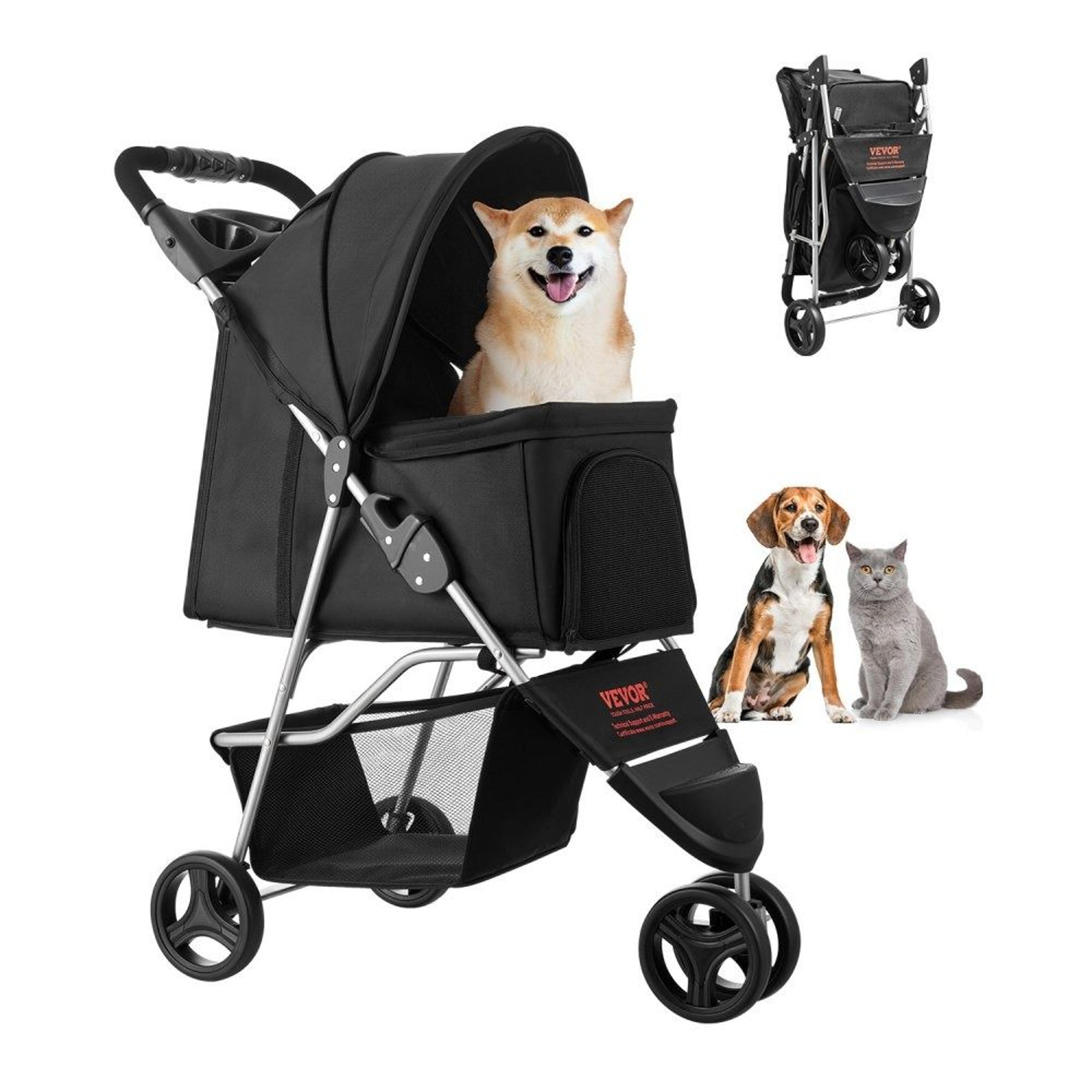 foldable pet stroller for small dogs and cats 35 lb capacity with 3 wheels and brake