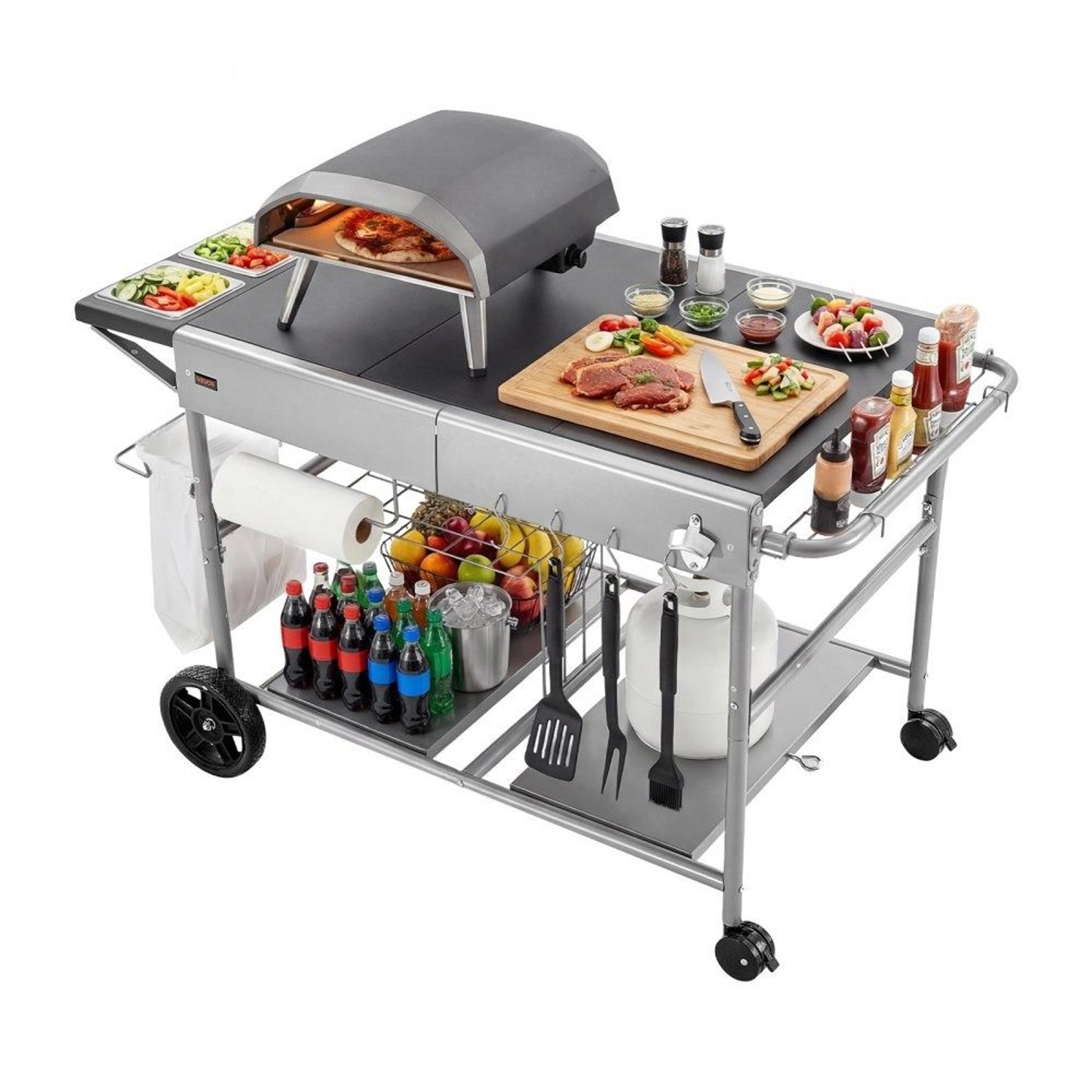 outdoor grill cart with rolling bbq prep table, storage shelves and spice containers