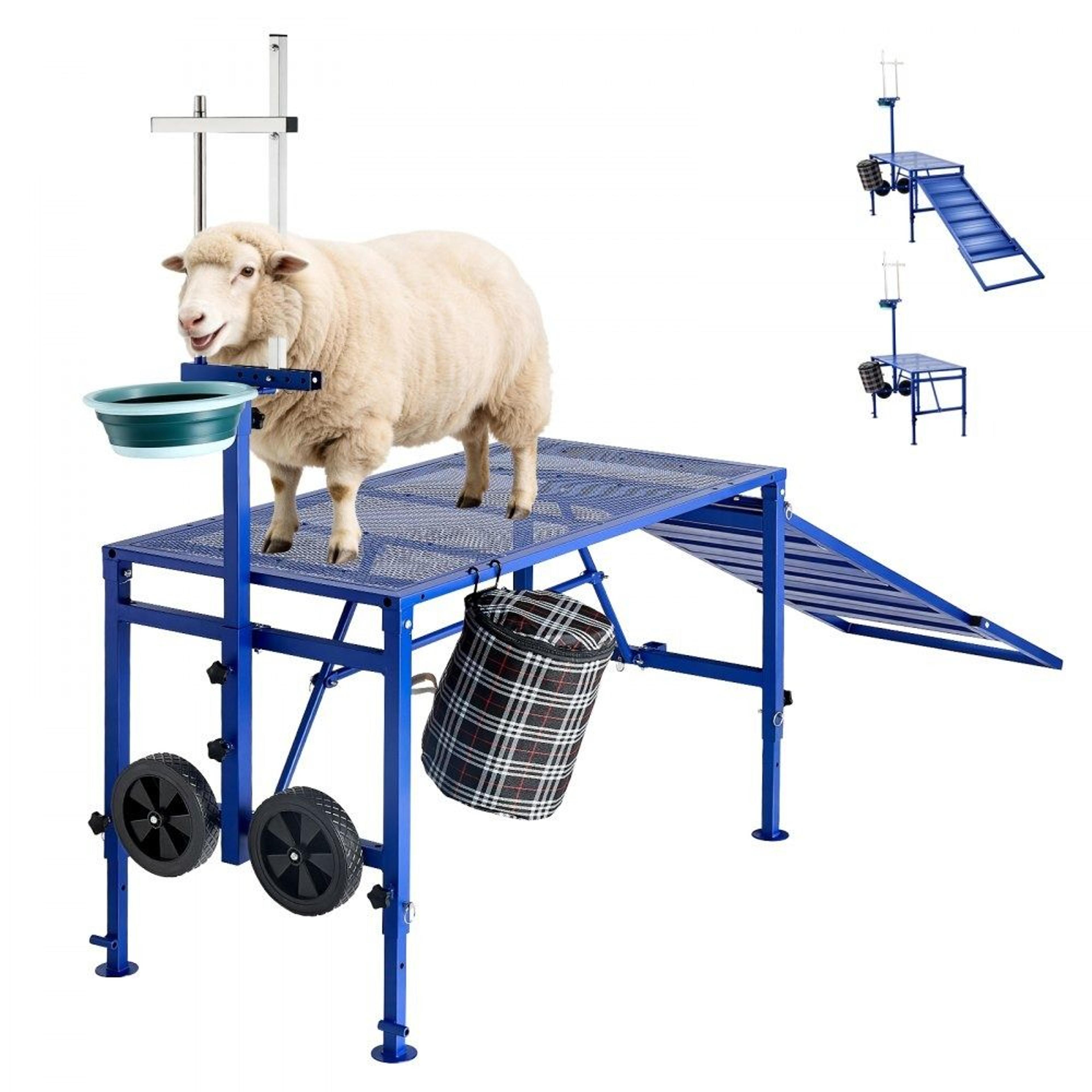 heavy duty goat milking stand with ramp, wheels and adjustable headpiece