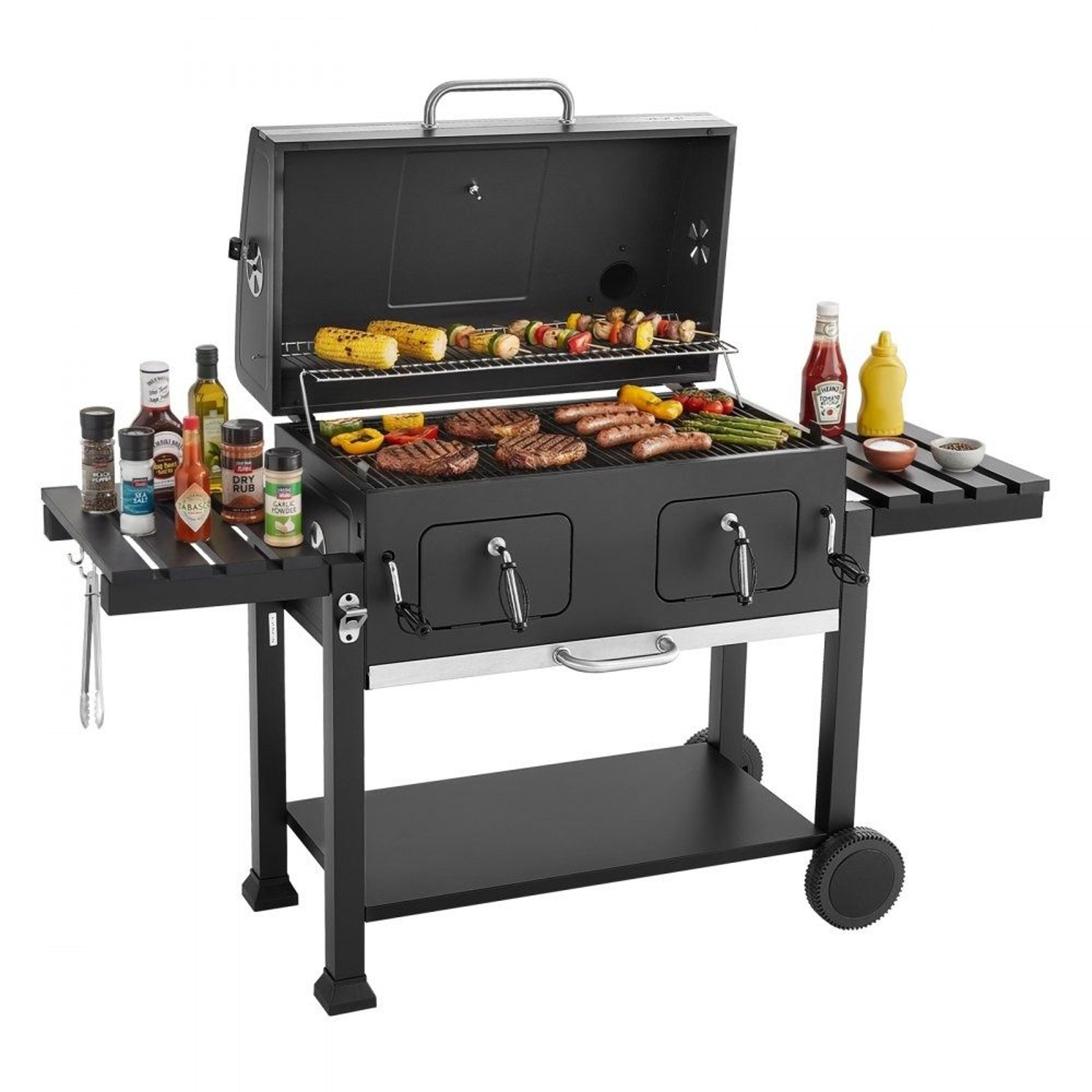 780 sq in extra large charcoal grill with dual adjustable charcoal trays and side tables