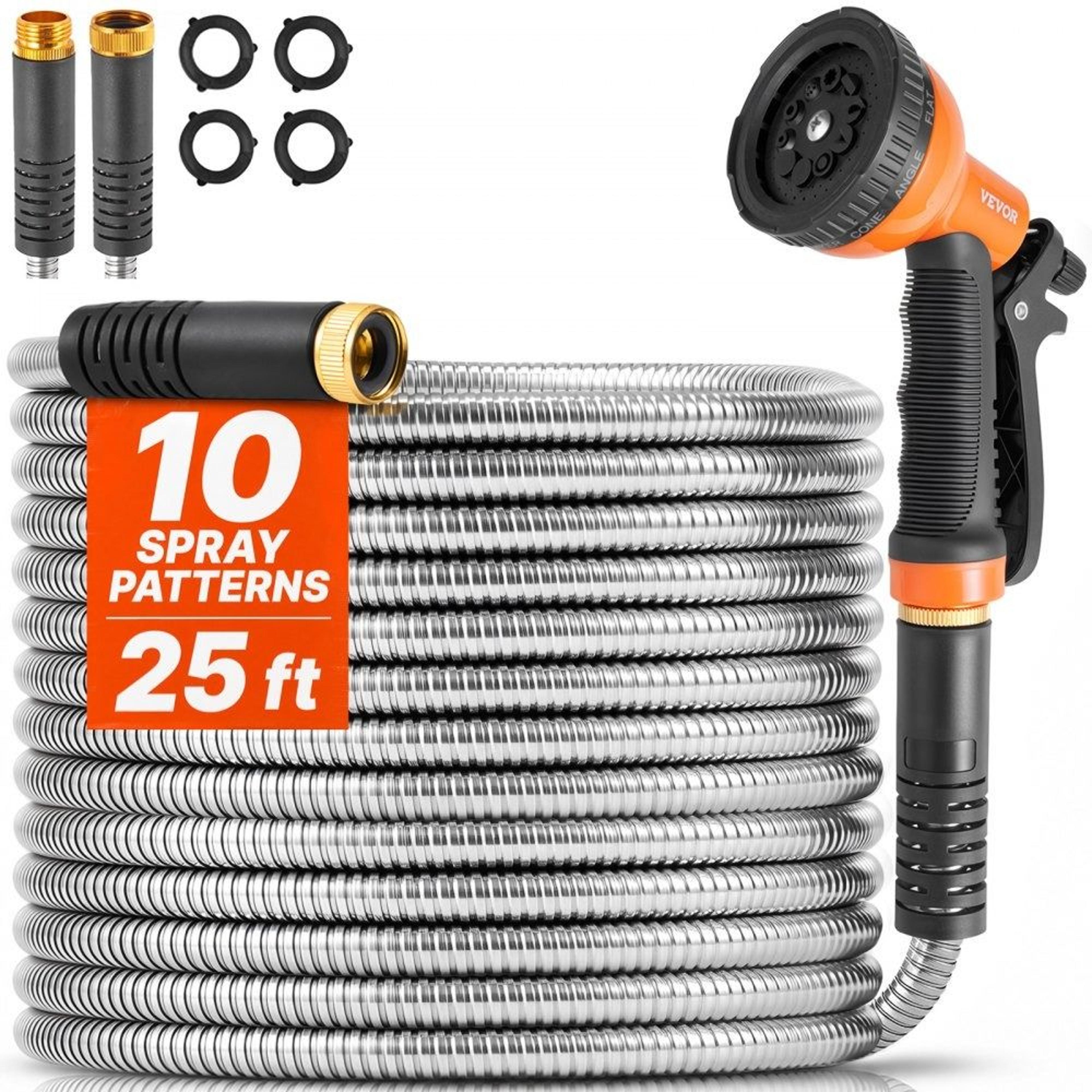 25 ft stainless steel metal garden hose with 10 pattern nozzle
