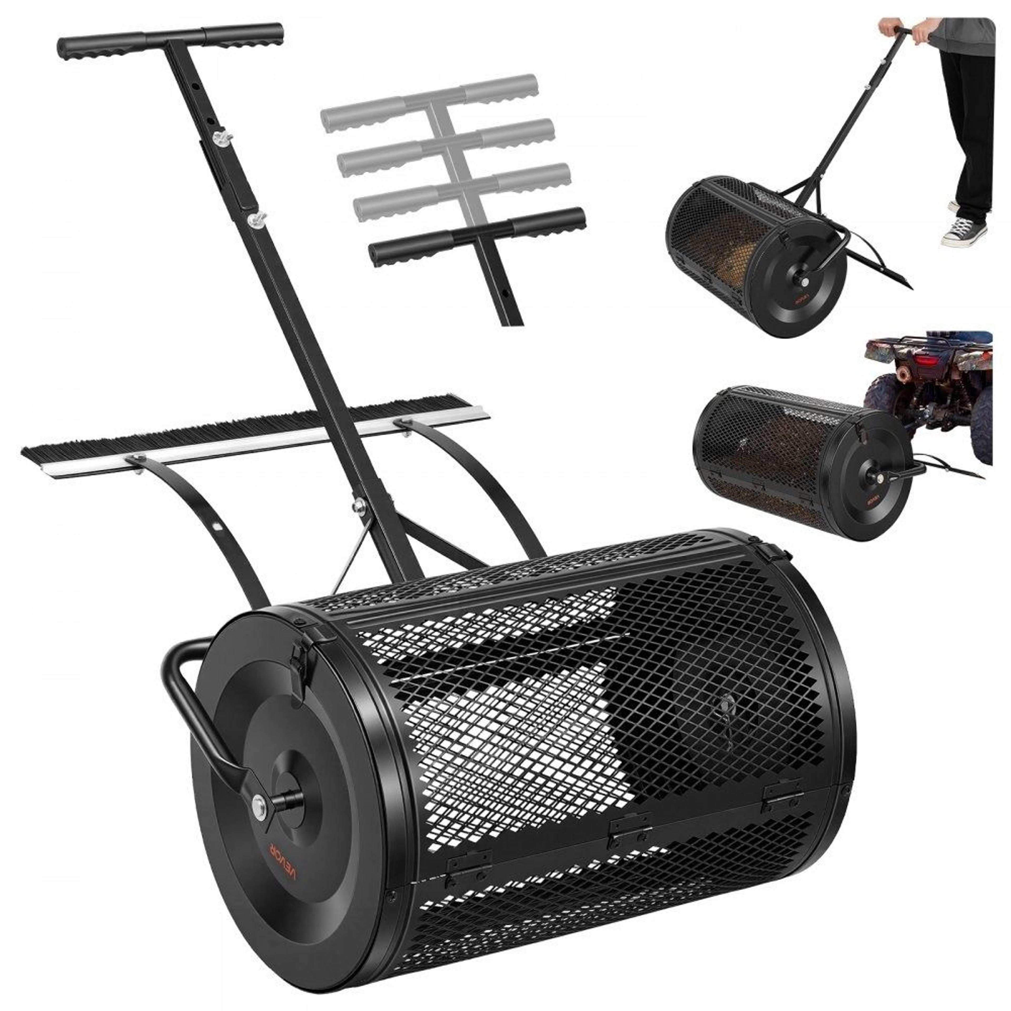 24 inch compost spreader with peat moss roller push tow handle and leveling brush