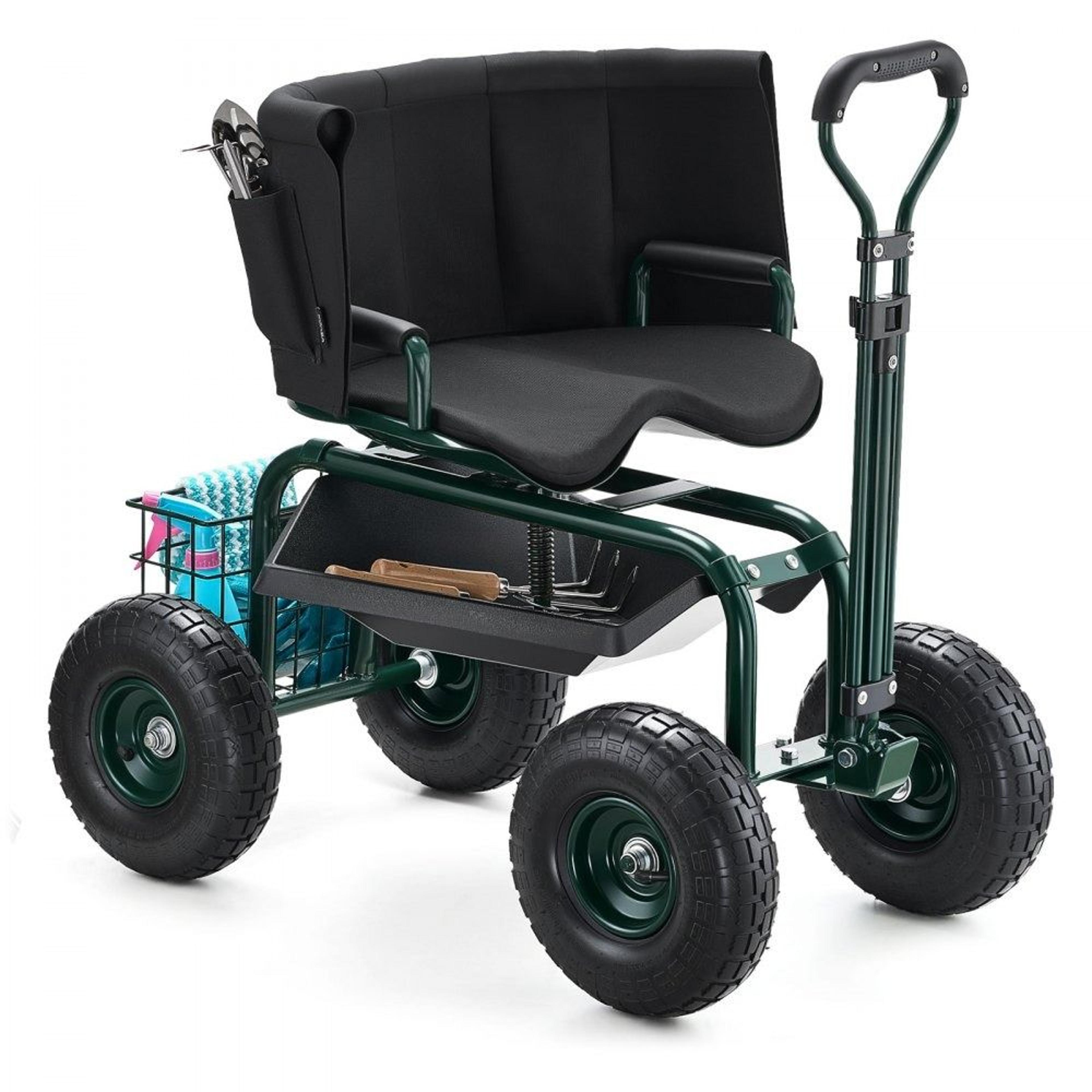 rolling garden seat with wheels adjustable swivel gardening stool with backrest and tool storage