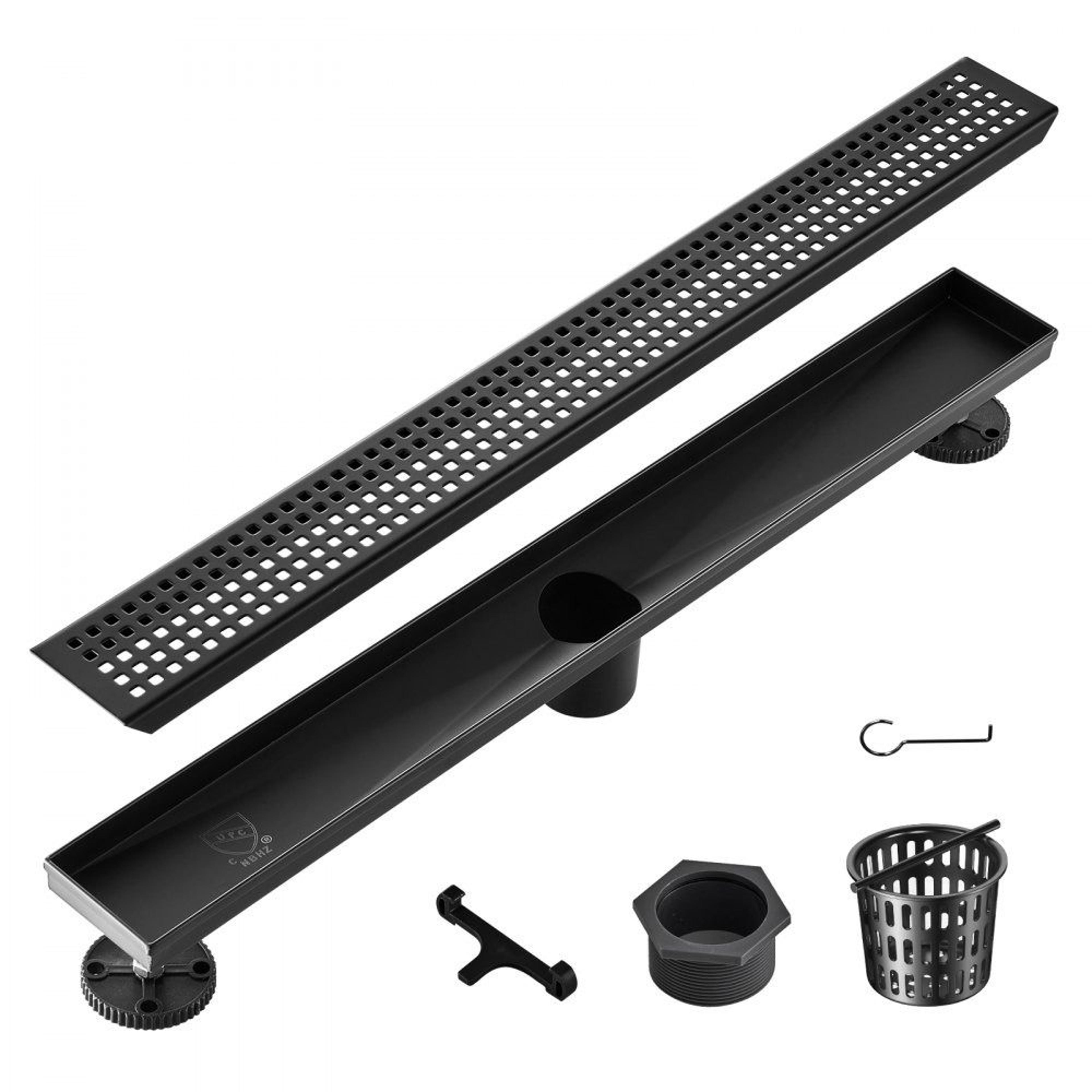 24 inch matte black linear shower drain with 304 stainless steel grate and hair strainer