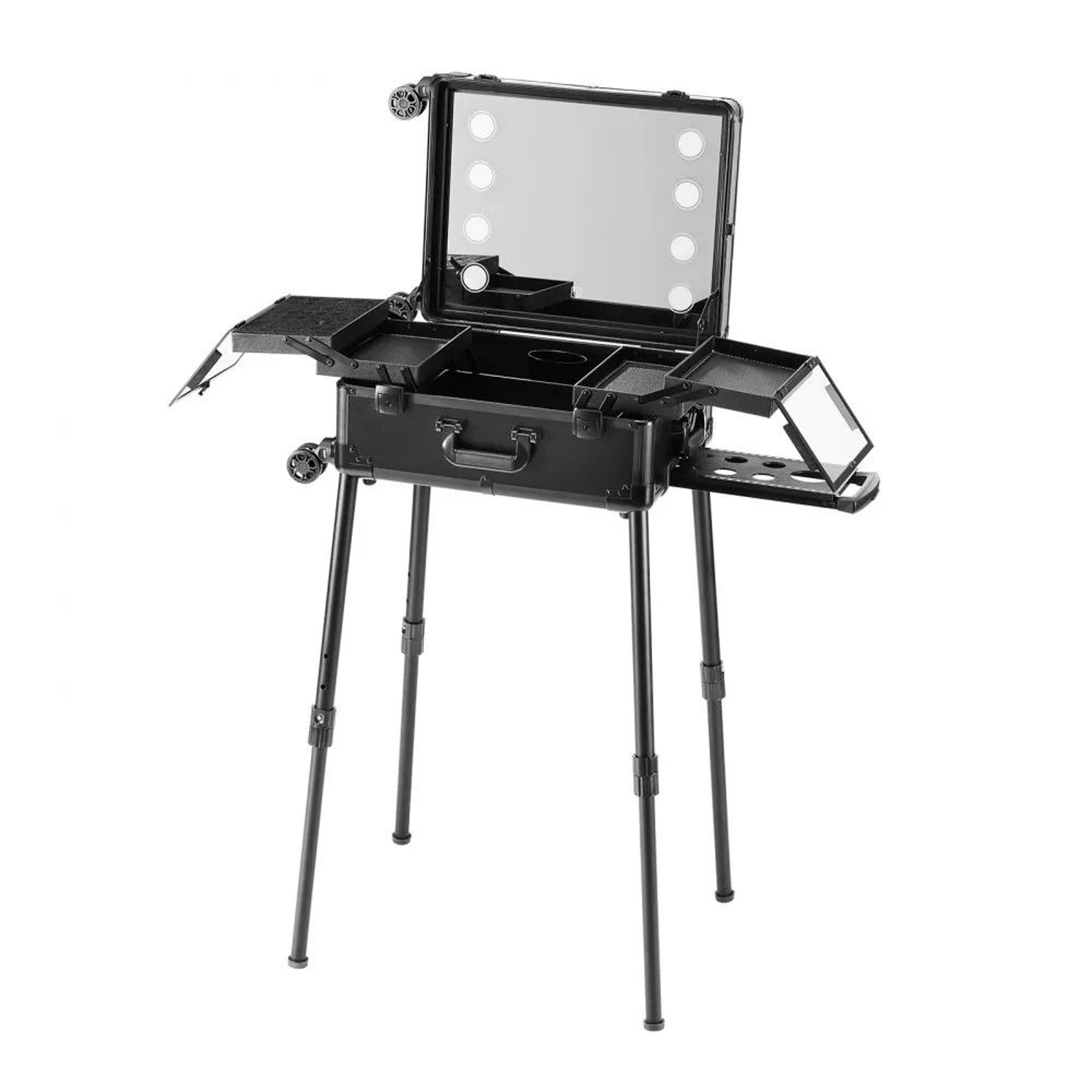 professional rolling makeup train case with lighted mirror and cosmetic organizer