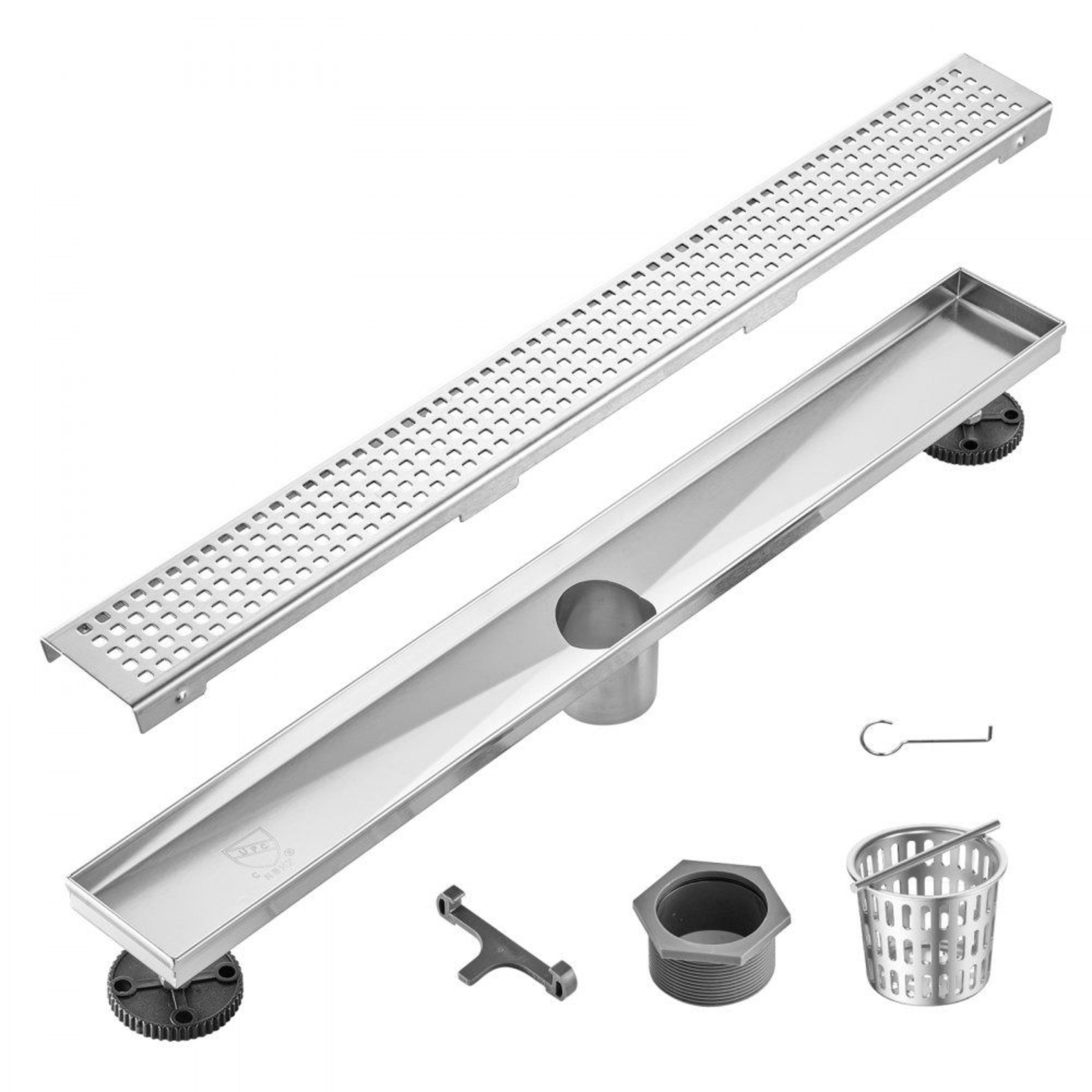 24 inch linear shower drain with 304 stainless steel square grate and hair strainer