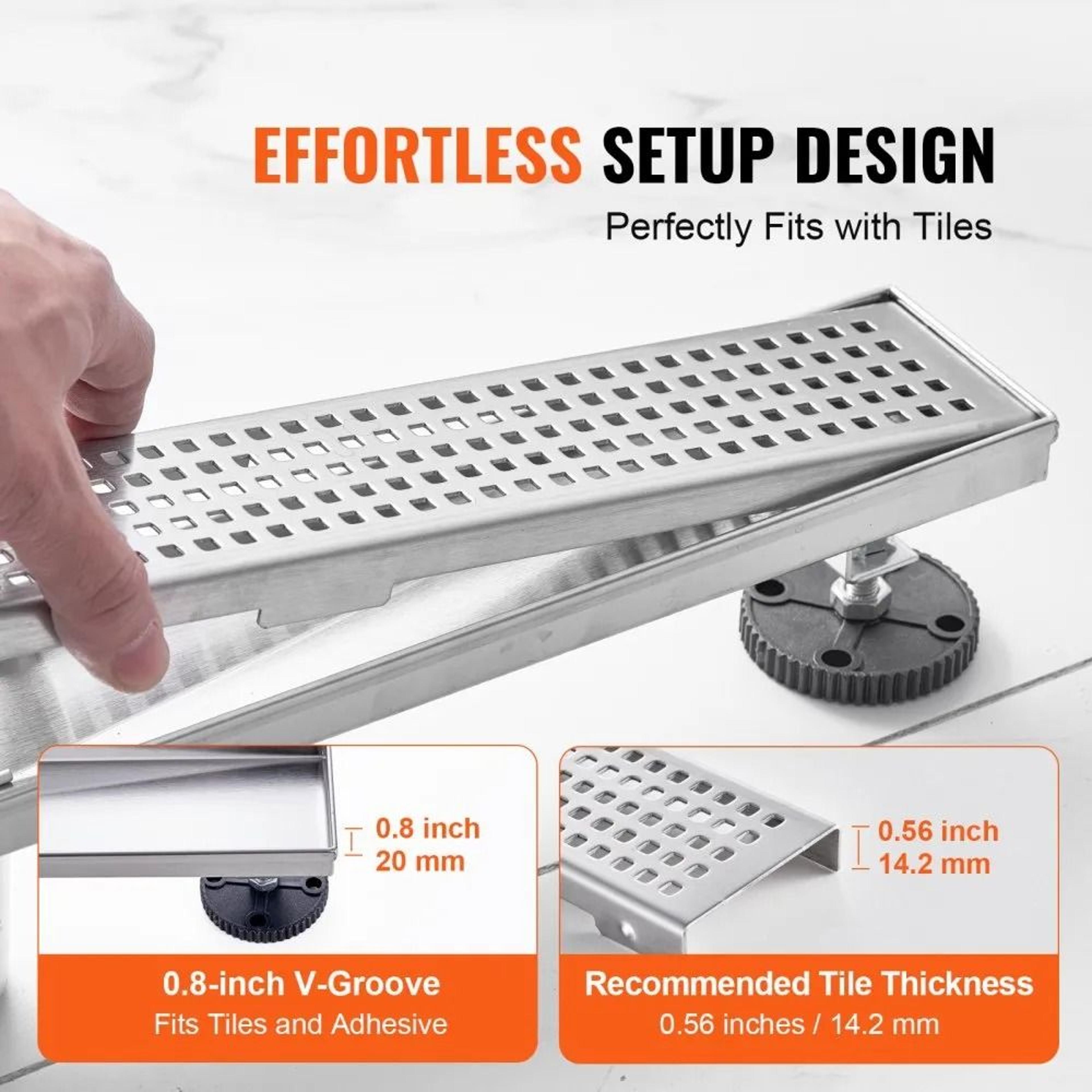 24 Inch Linear Shower Drain With 304 Stainless Steel Square Grate And Hair Strainer 1