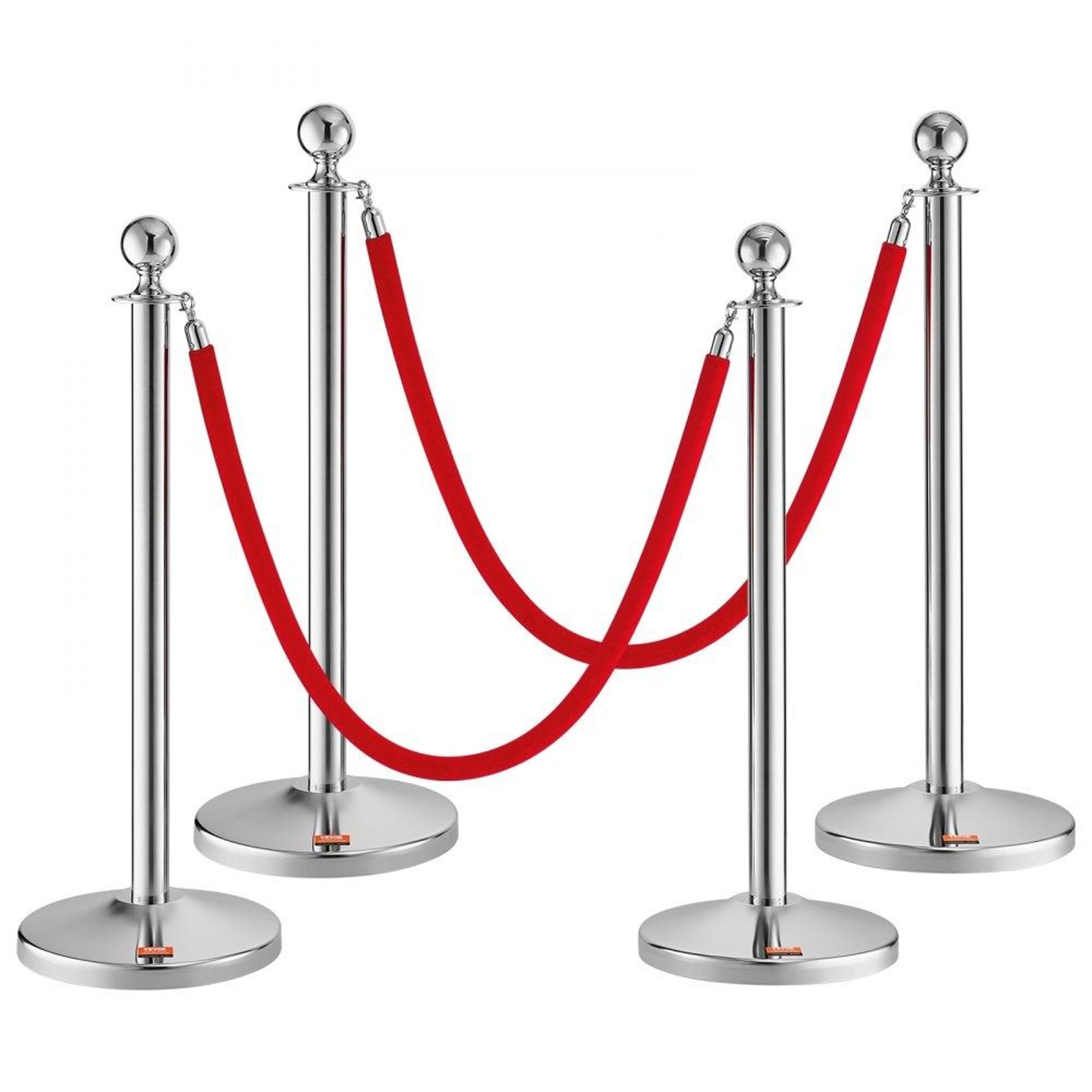 4 pack stainless steel stanchion posts with red velvet ropes and fillable bases