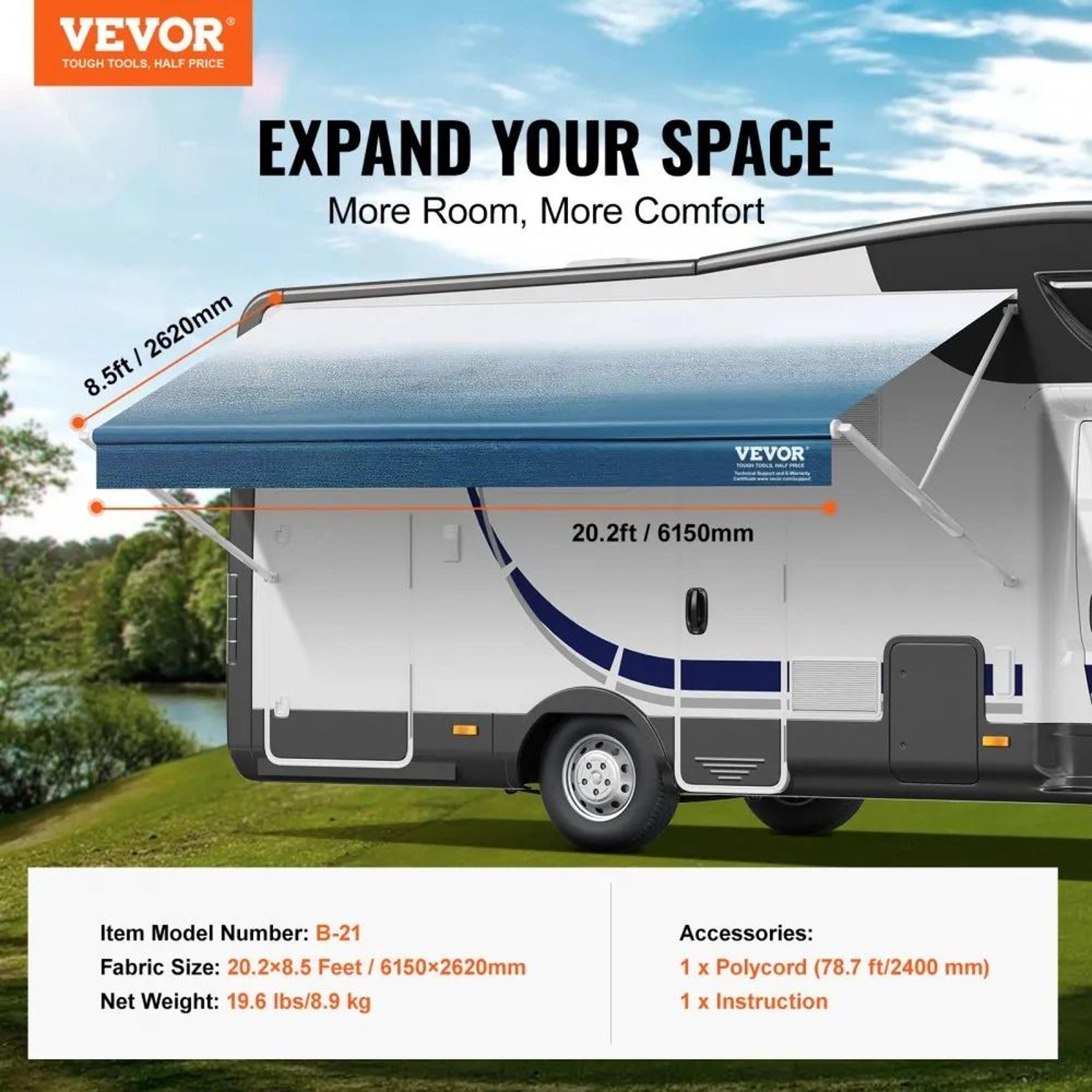 21 Ft RV Awning Fabric Replacement 16oz Heavy Duty Waterproof PVC Camper Canopy 4