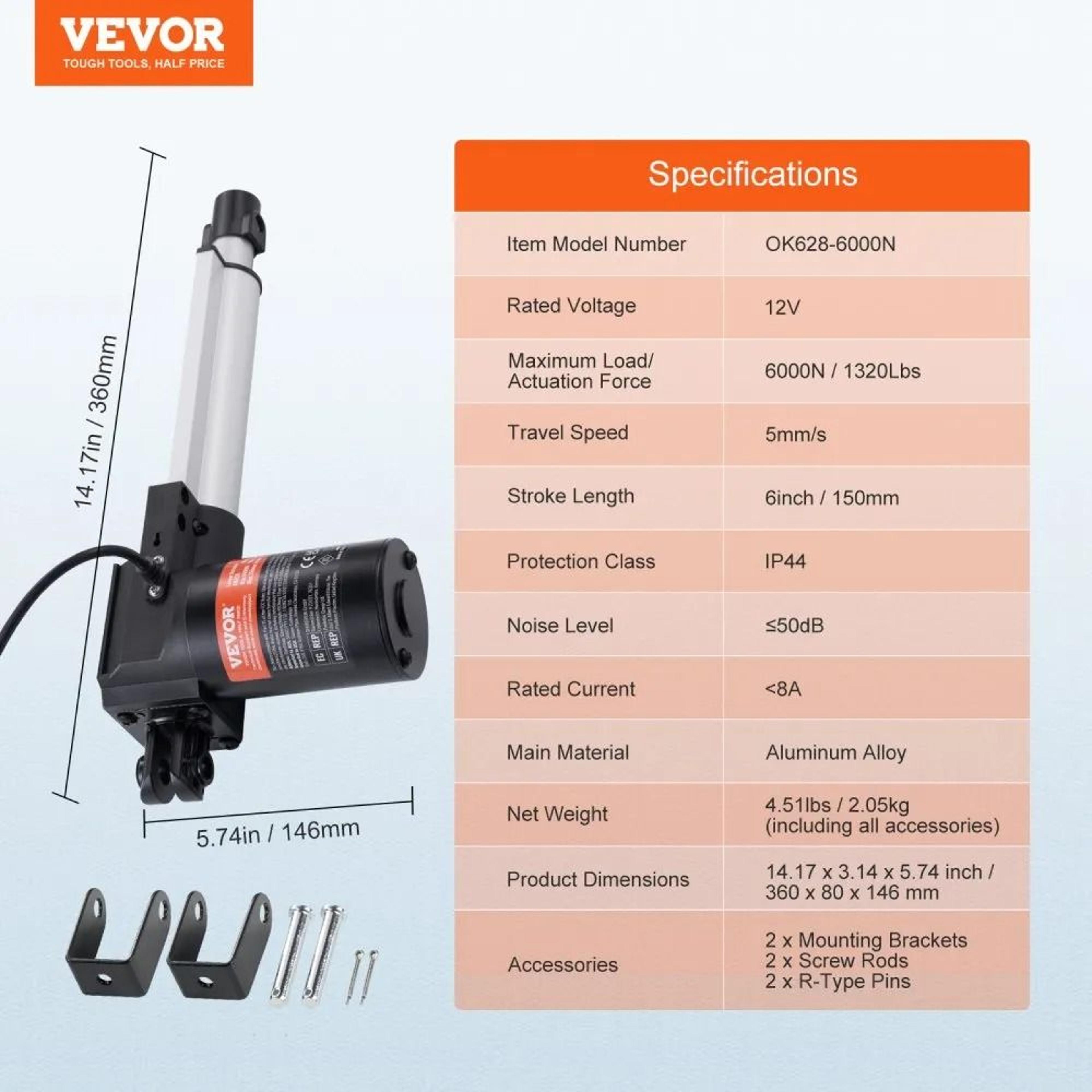 Heavy Duty 12V Linear Actuator 6 Inch Stroke 1320 Lb High Force Motor For Automation 6