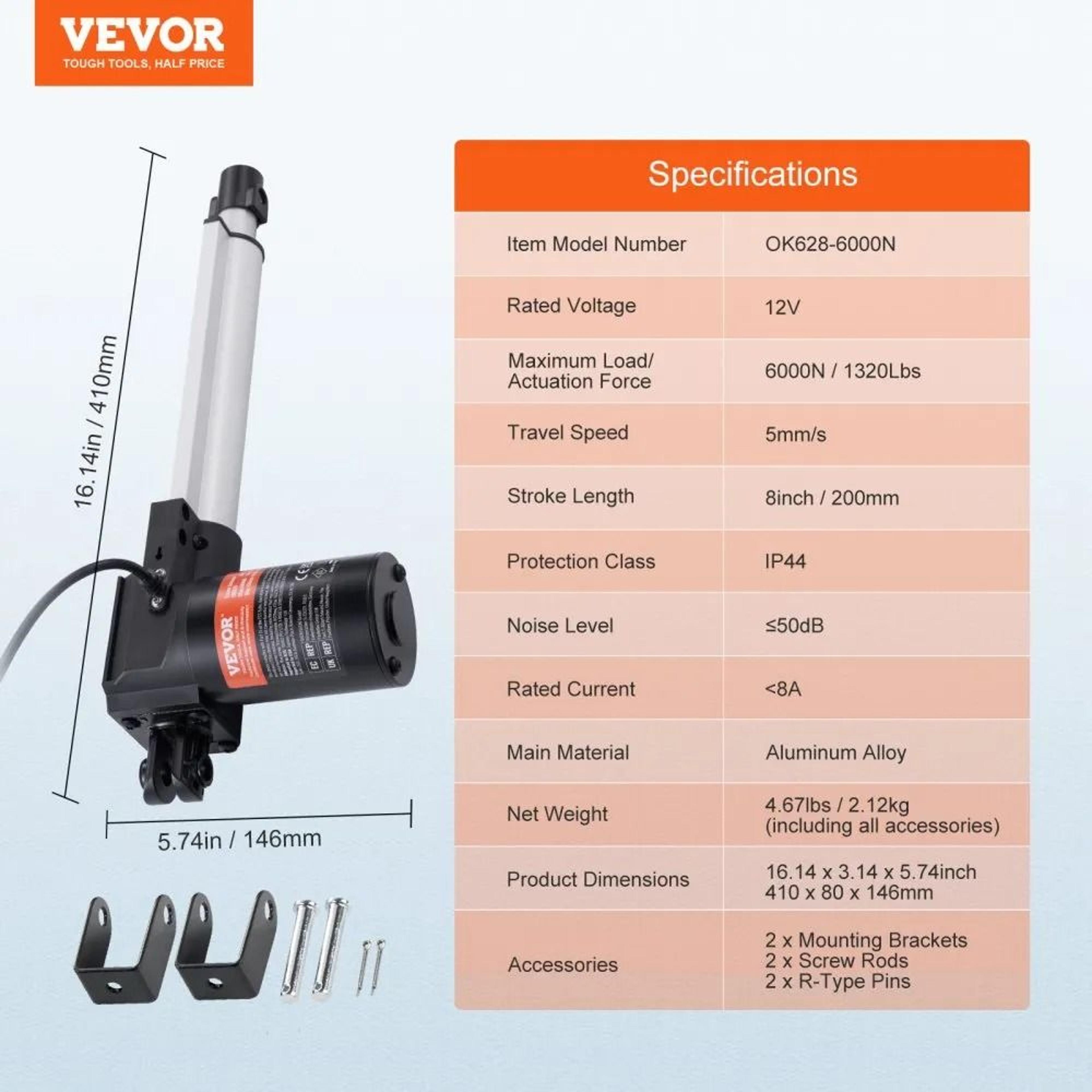 Heavy Duty 12V Linear Actuator 8 Inch Stroke 1320 Lb Electric Lift Motor 3