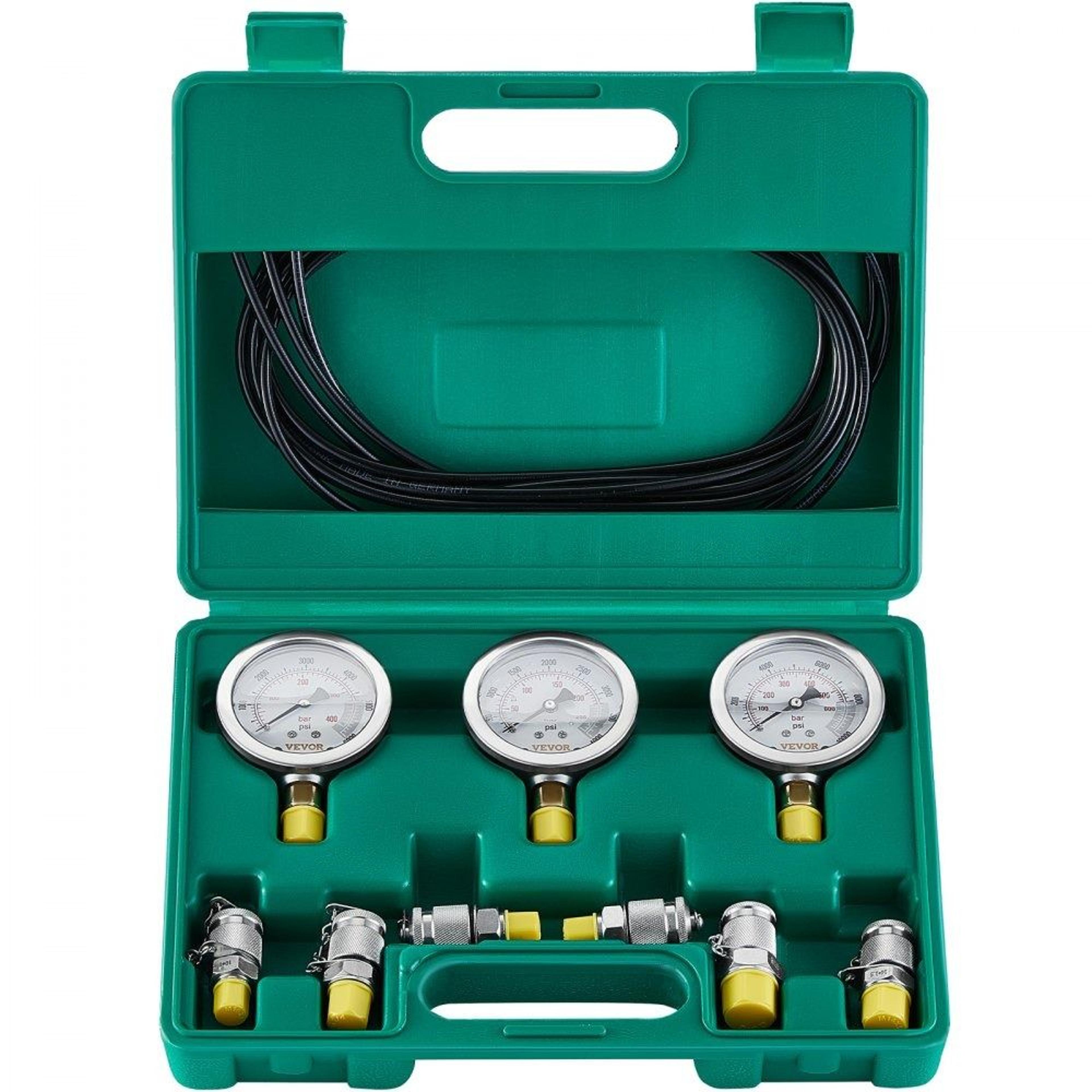 hydraulic pressure test kit with 3 gauges 6 couplings and hoses for excavators and heavy equipment