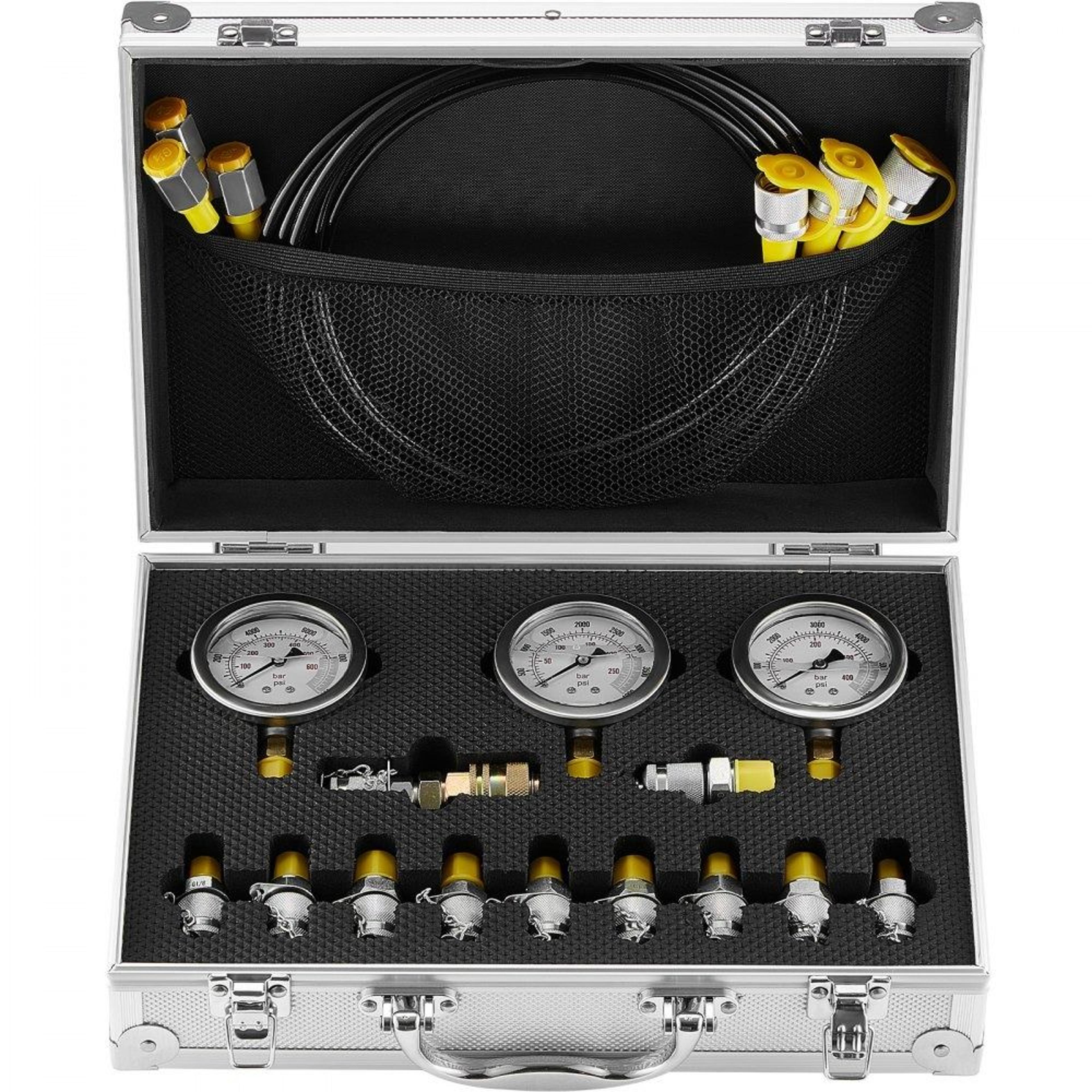 hydraulic pressure test kit with 3 gauges 11 couplings and portable case