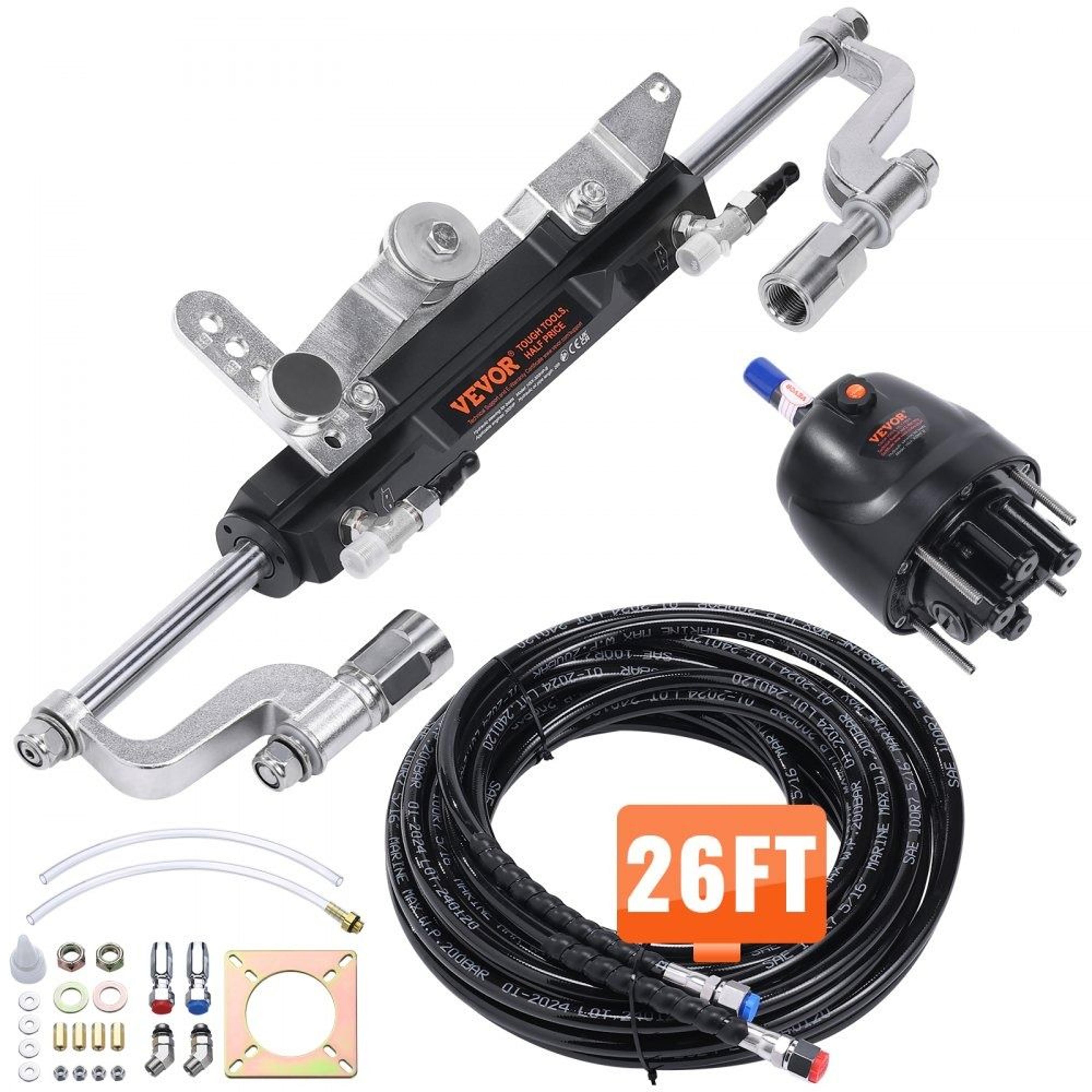 300hp hydraulic outboard steering kit with 26ft hoses and two way lock cylinder