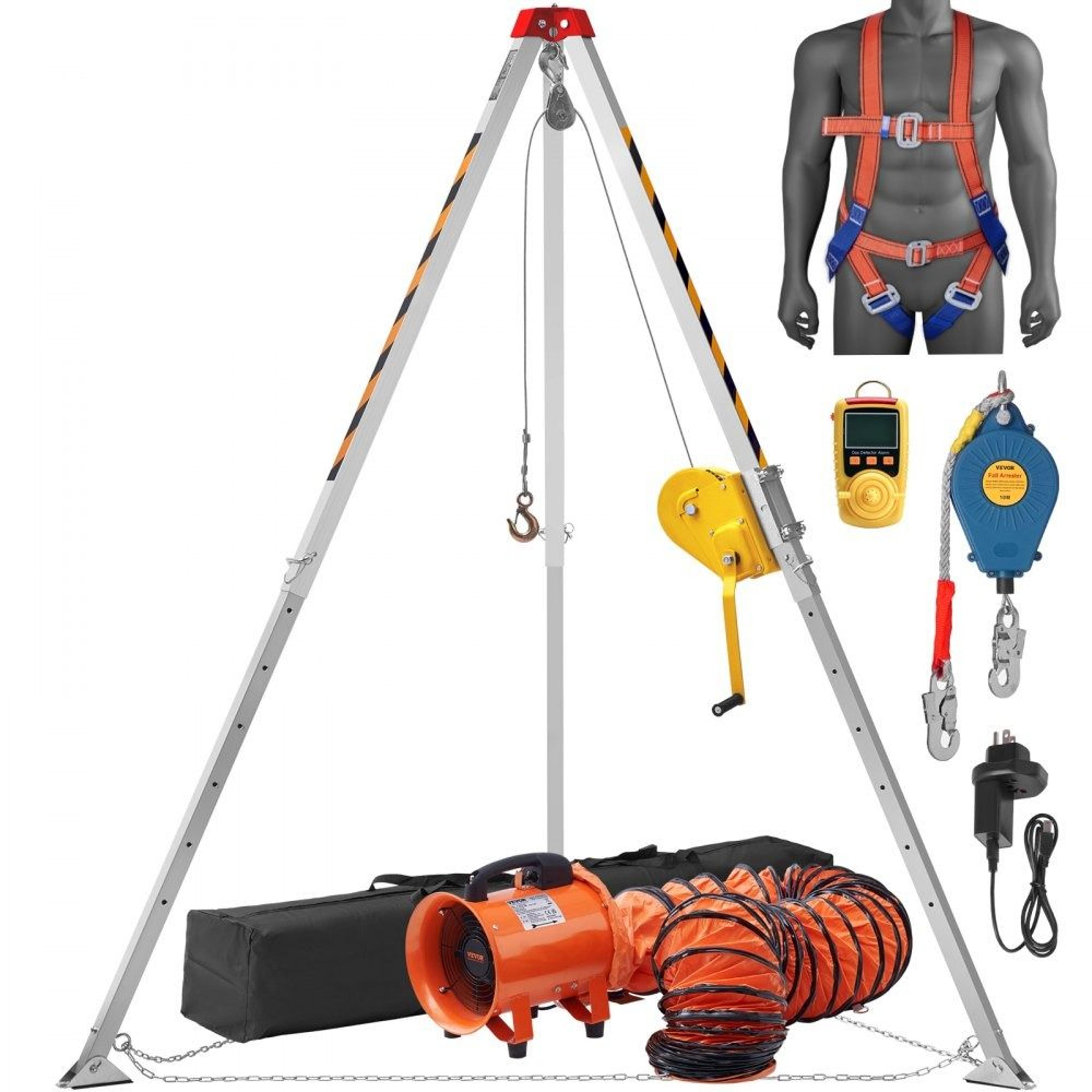 heavy duty confined space rescue tripod kit with winch harness blower and gas detector