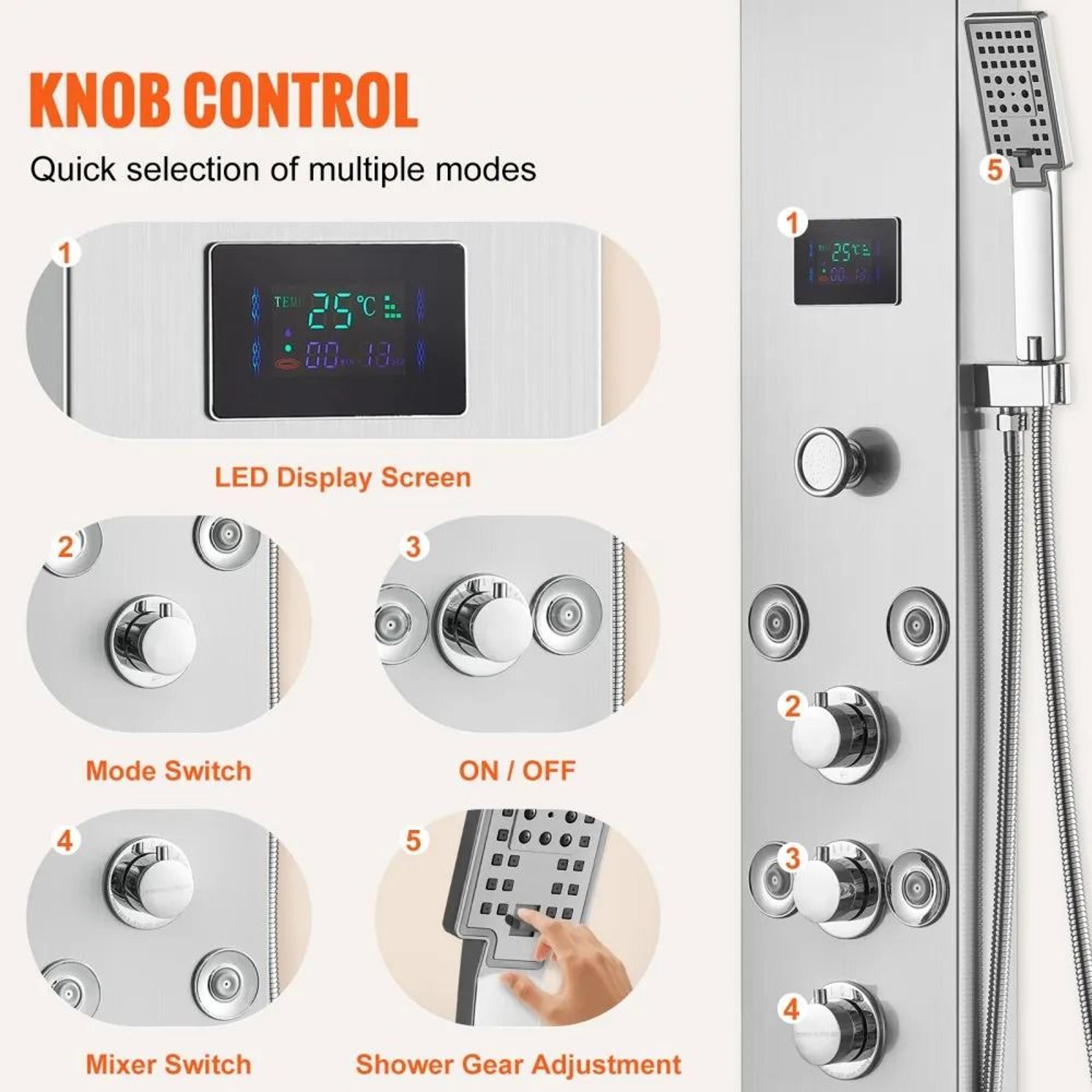 Hydroelectric LED Shower Panel System With Rainfall Waterfall And Massage Jets 3