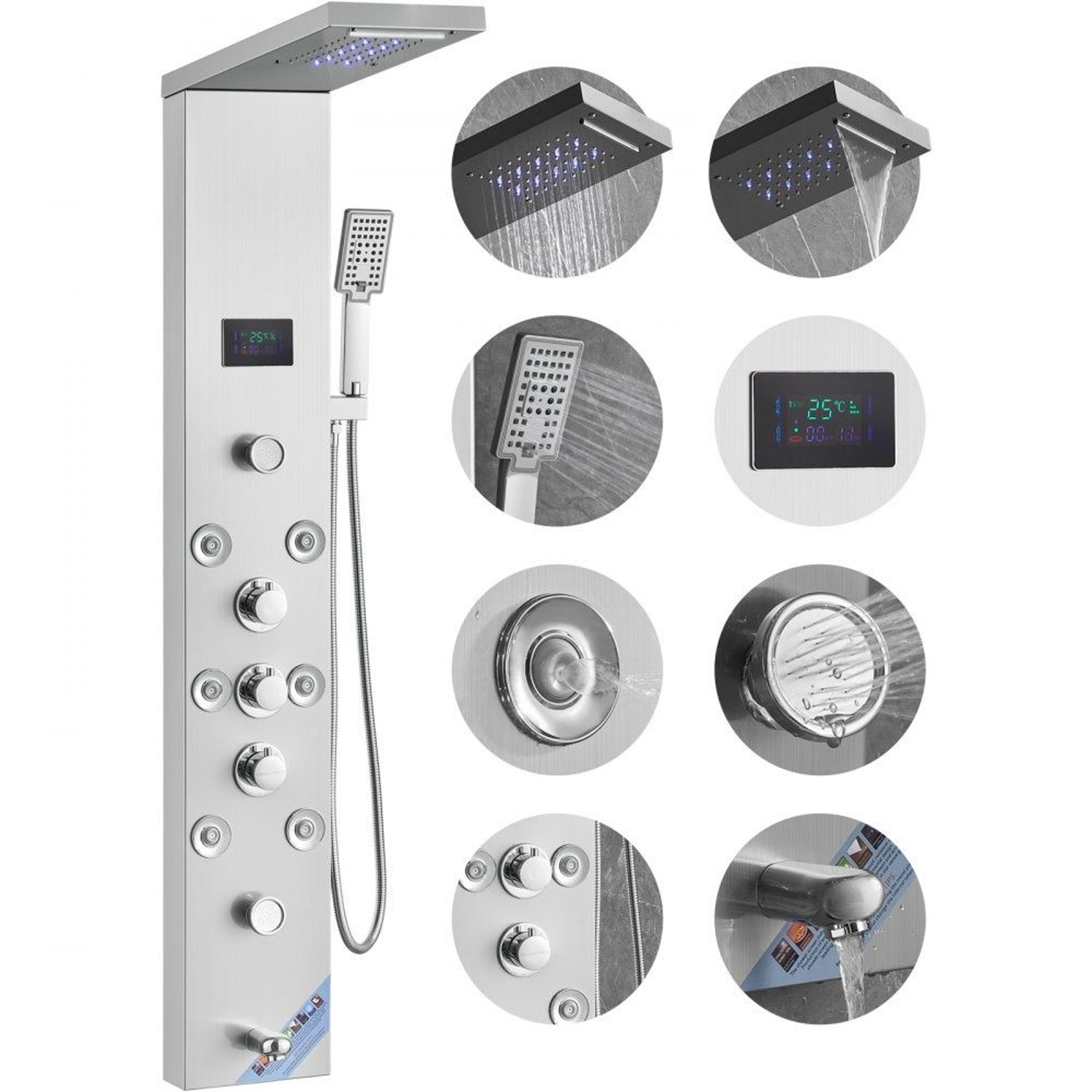 hydroelectric led shower panel system with rainfall waterfall and massage jets
