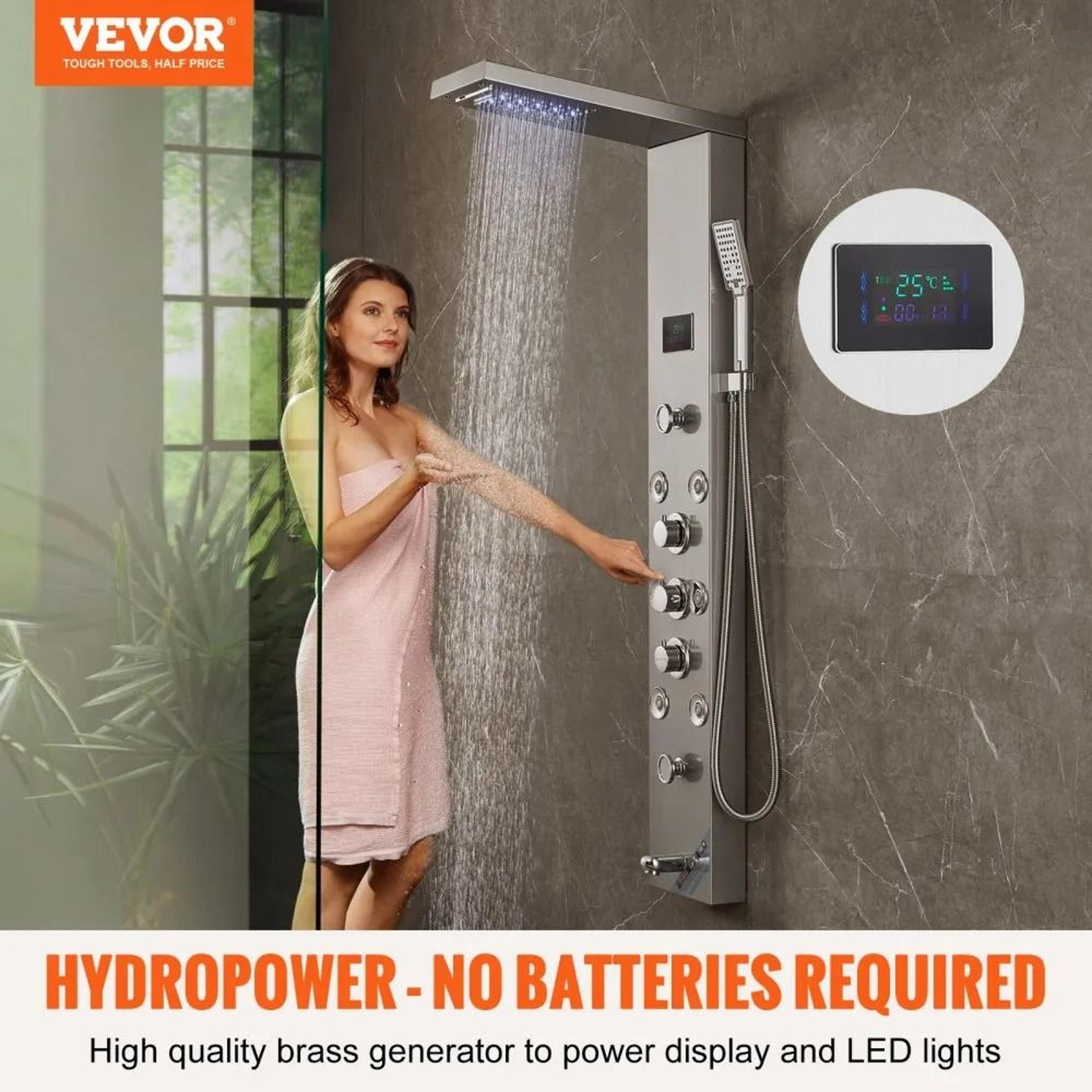 Hydroelectric LED Shower Panel System With Rainfall Waterfall And Massage Jets 1