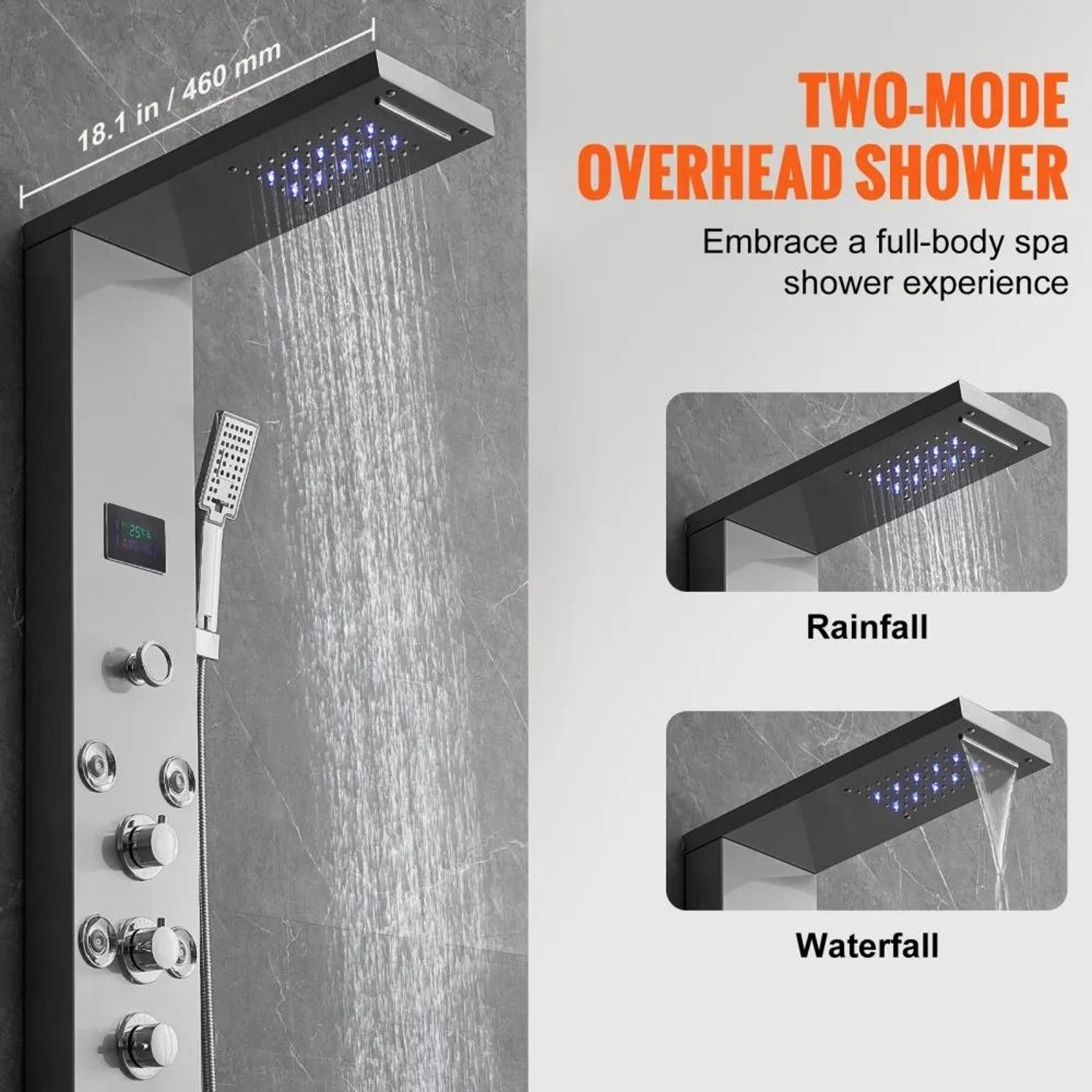 Hydroelectric LED Shower Panel System With Rainfall Waterfall And Massage Jets 5