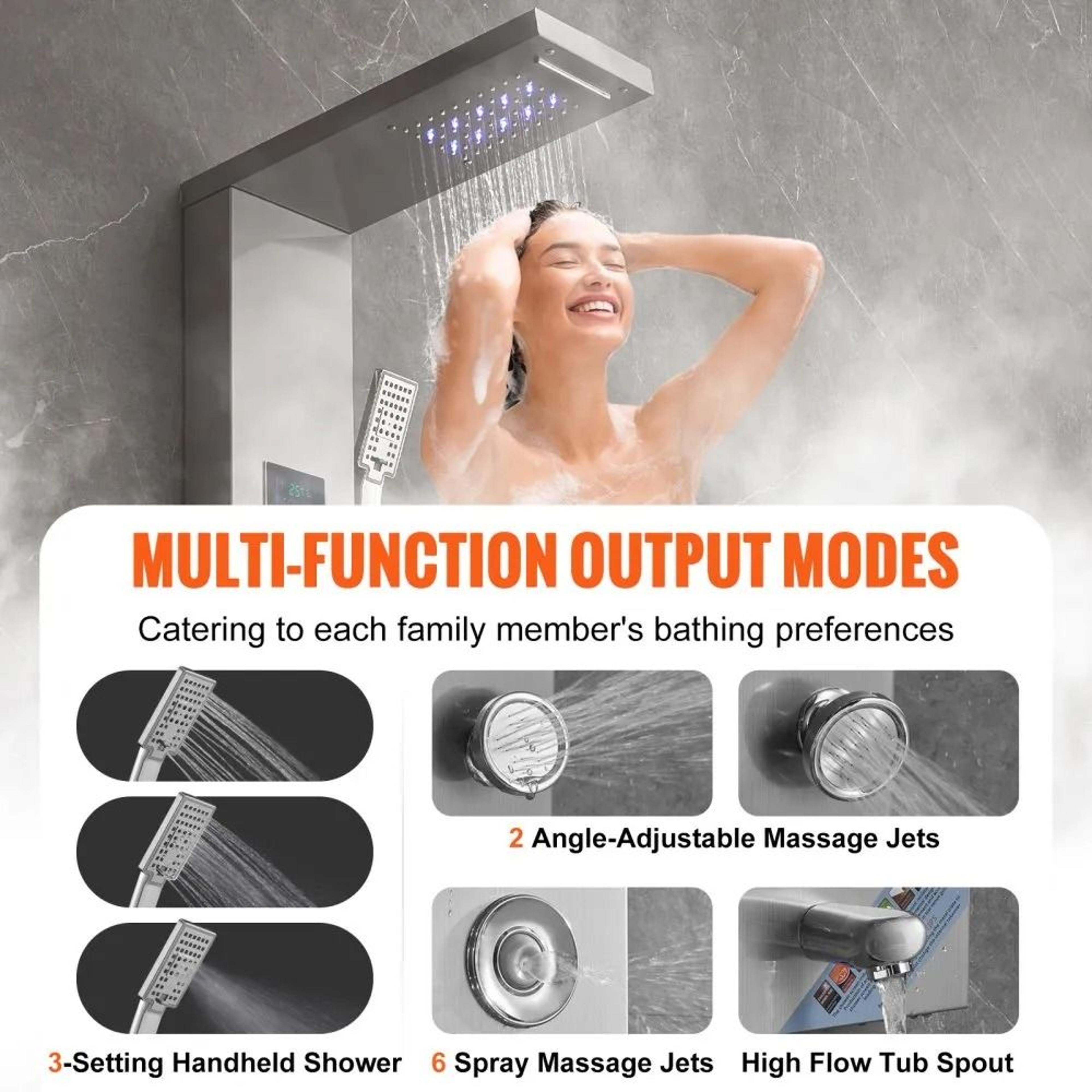 Hydroelectric LED Shower Panel System With Rainfall Waterfall And Massage Jets 4