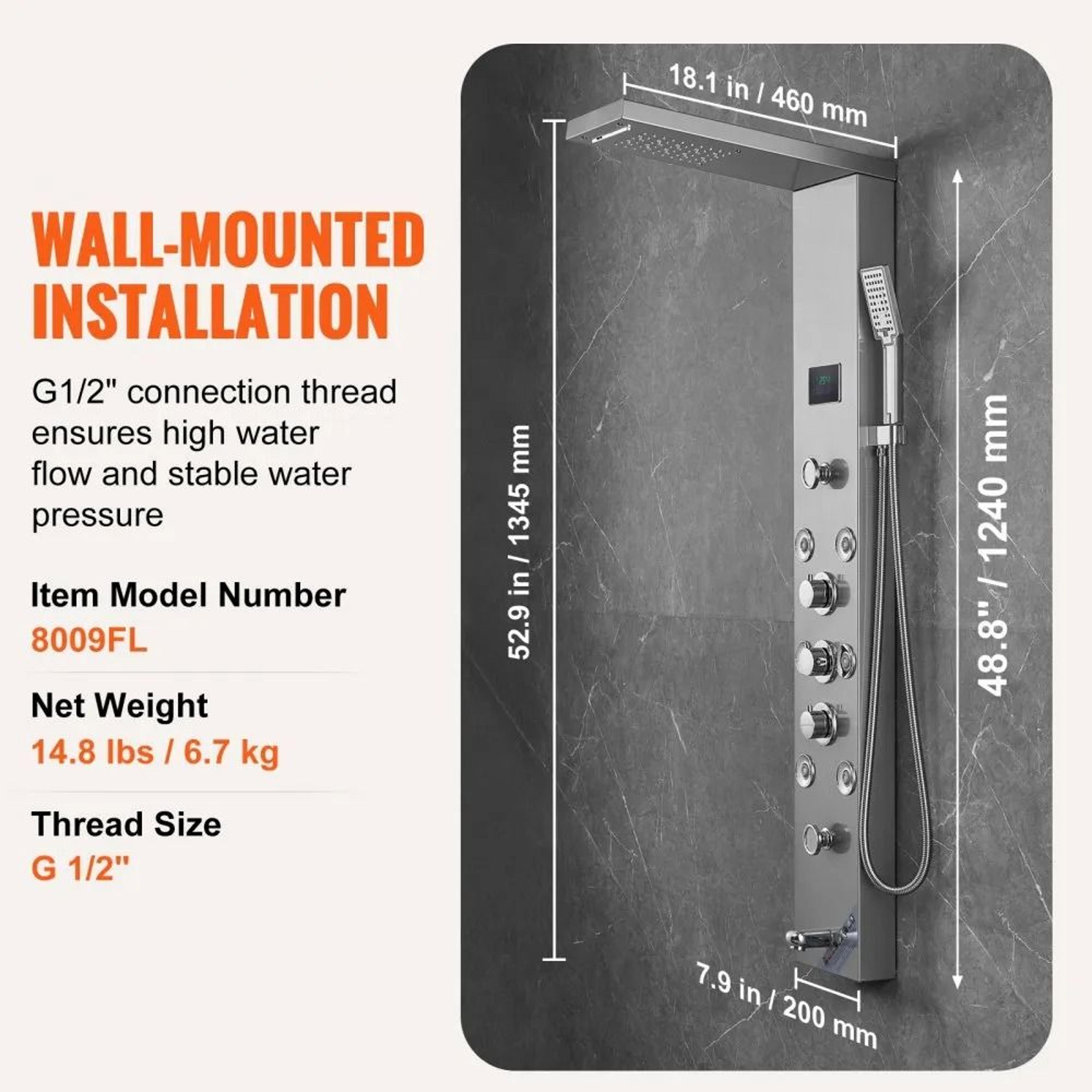 Hydroelectric LED Shower Panel System With Rainfall Waterfall And Massage Jets 7