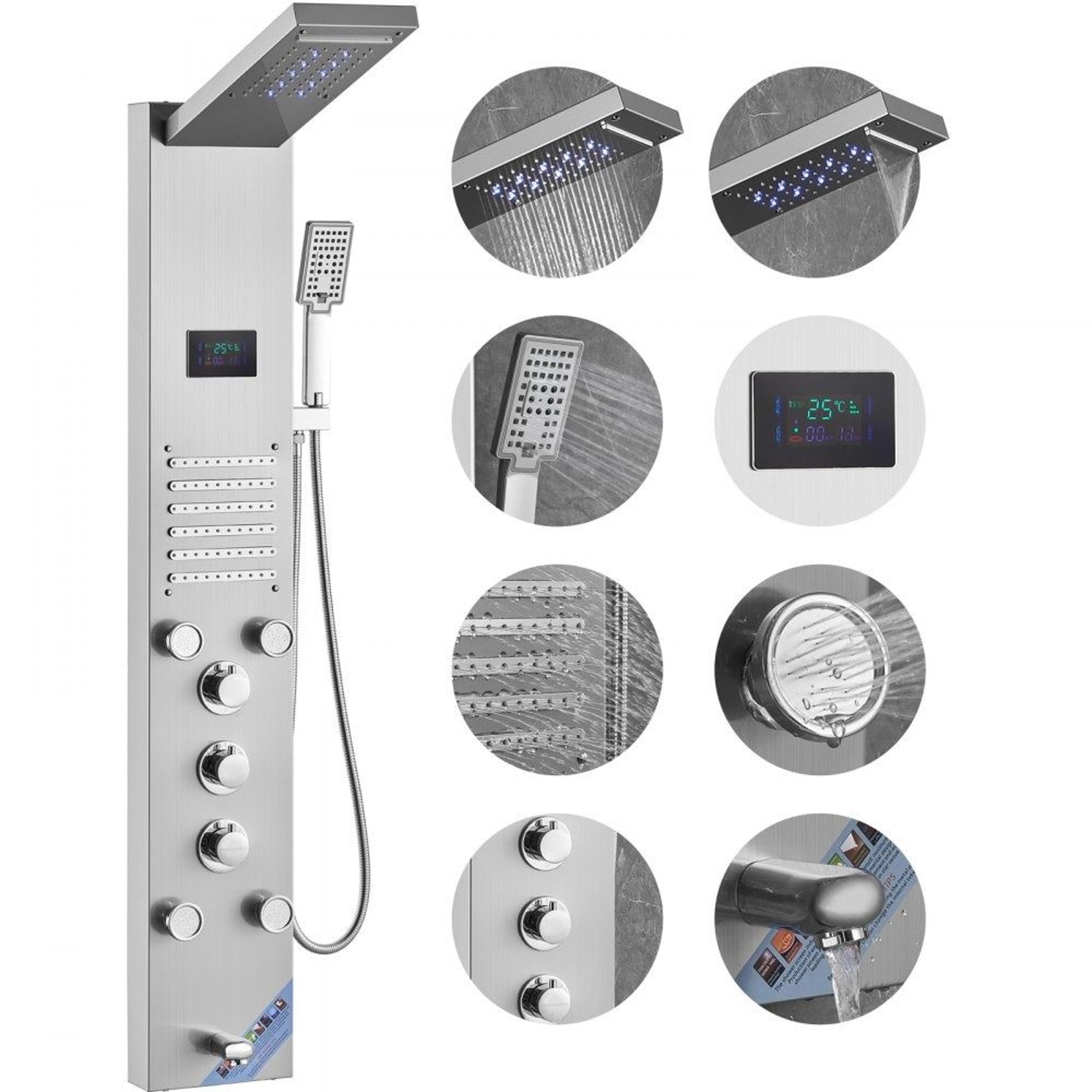 6 in 1 led shower panel system with rainfall waterfall and massage jets