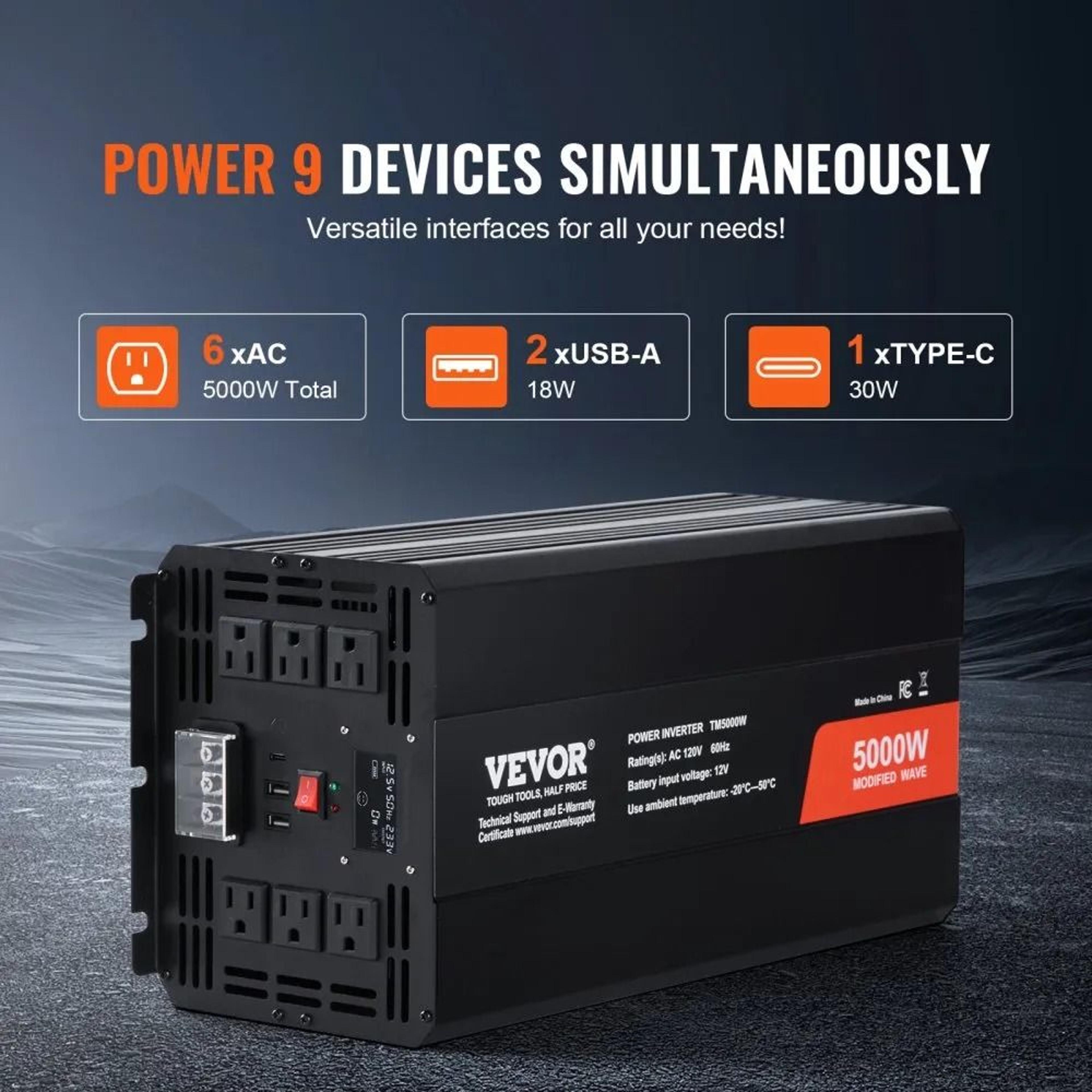 5000W Modified Sine Wave Power Inverter 12V To 120V With LCD Remote And Multi Device Charging 5