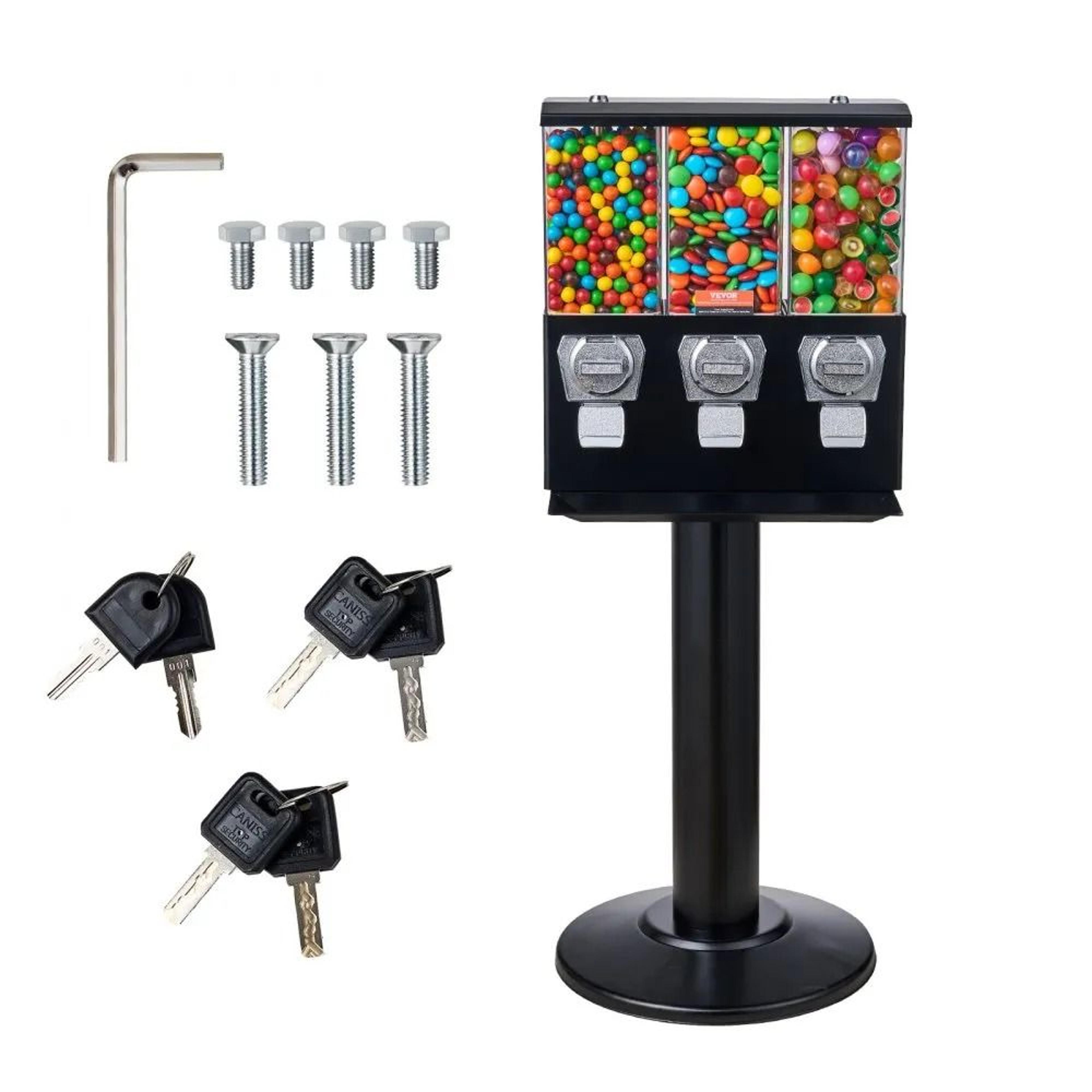 triple compartment commercial candy vending machine with stand and coin operated gumball dispenser