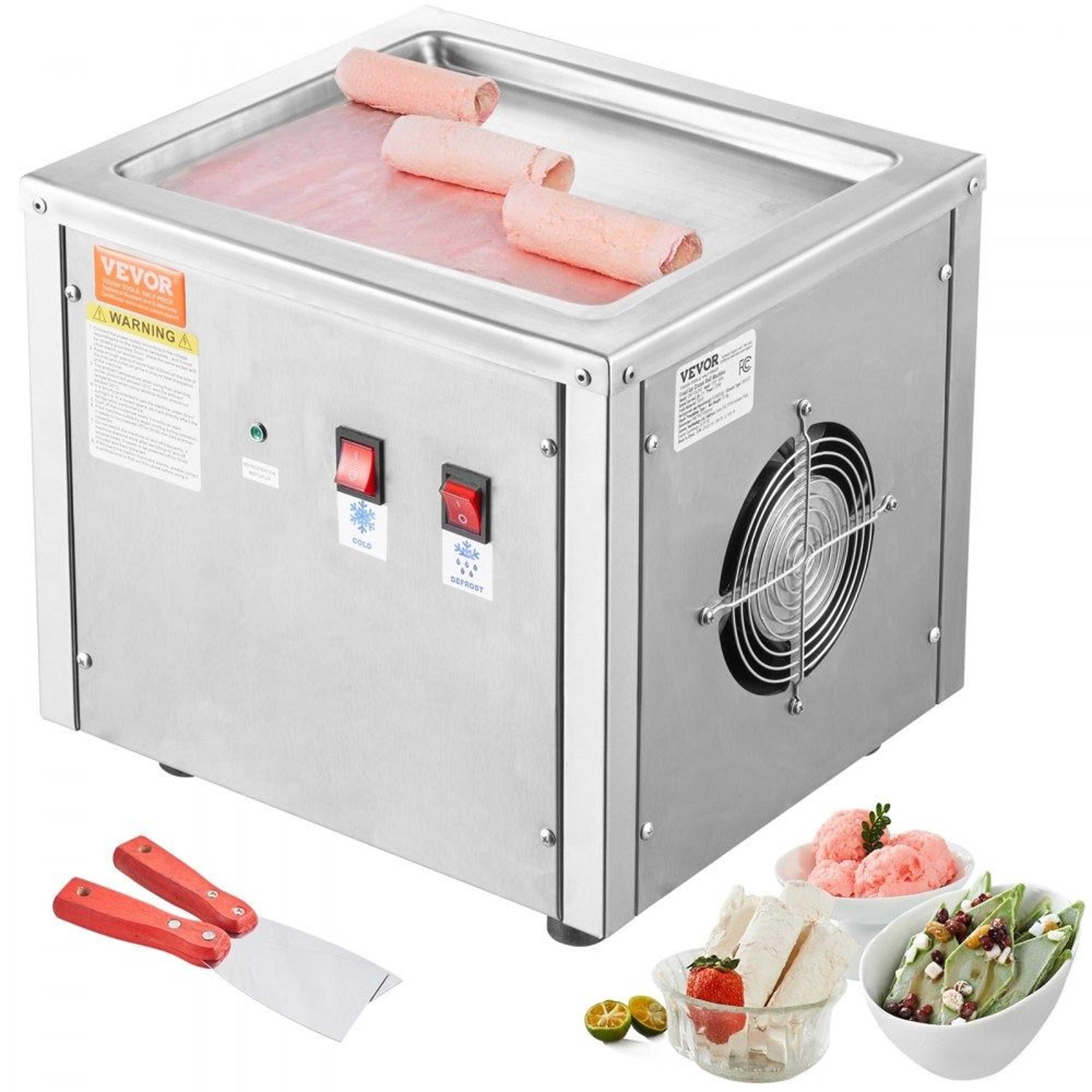 rapid freeze rolled ice cream maker with stainless steel pan and defrost function