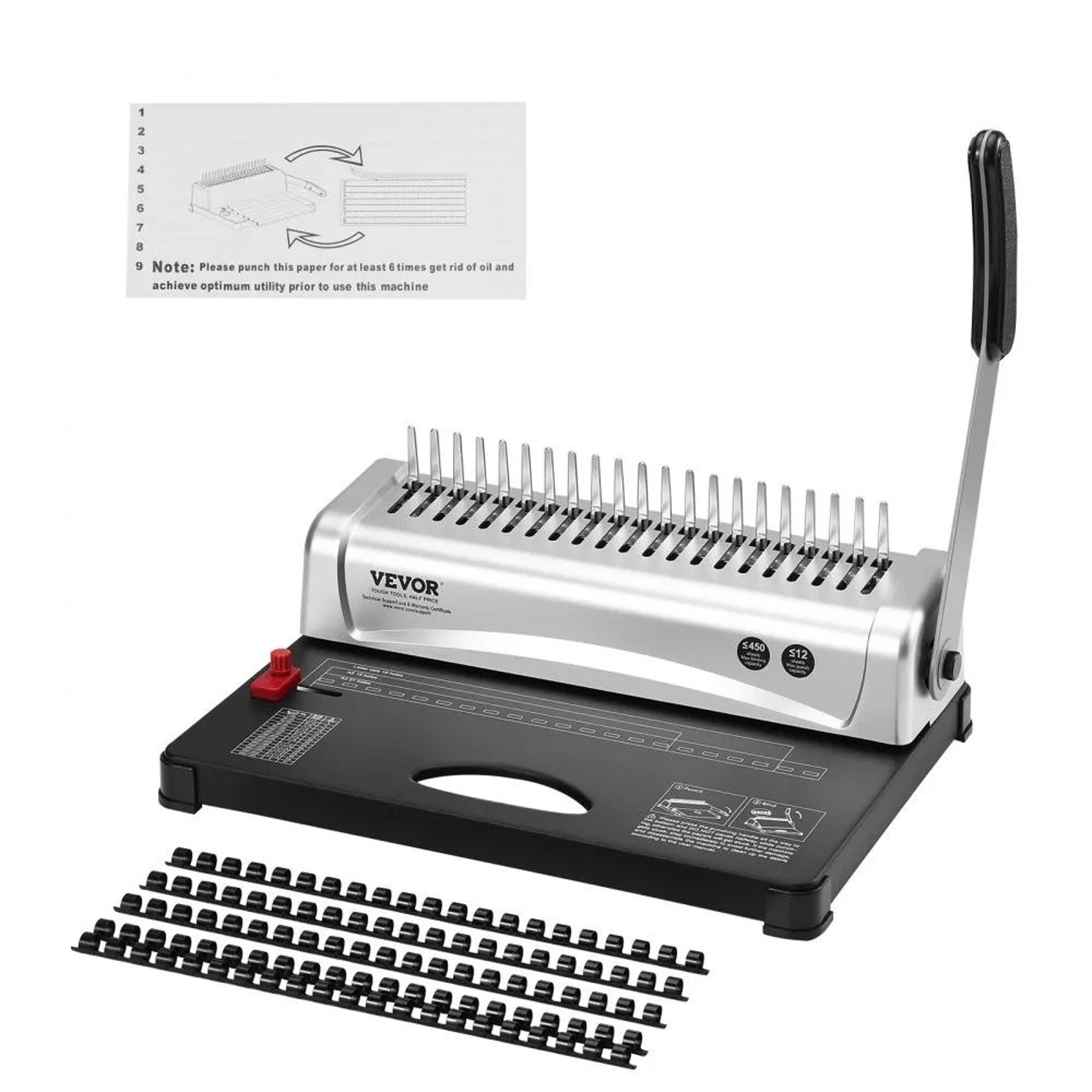 21 hole comb binding machine with 450 sheet capacity and adjustable paper guide