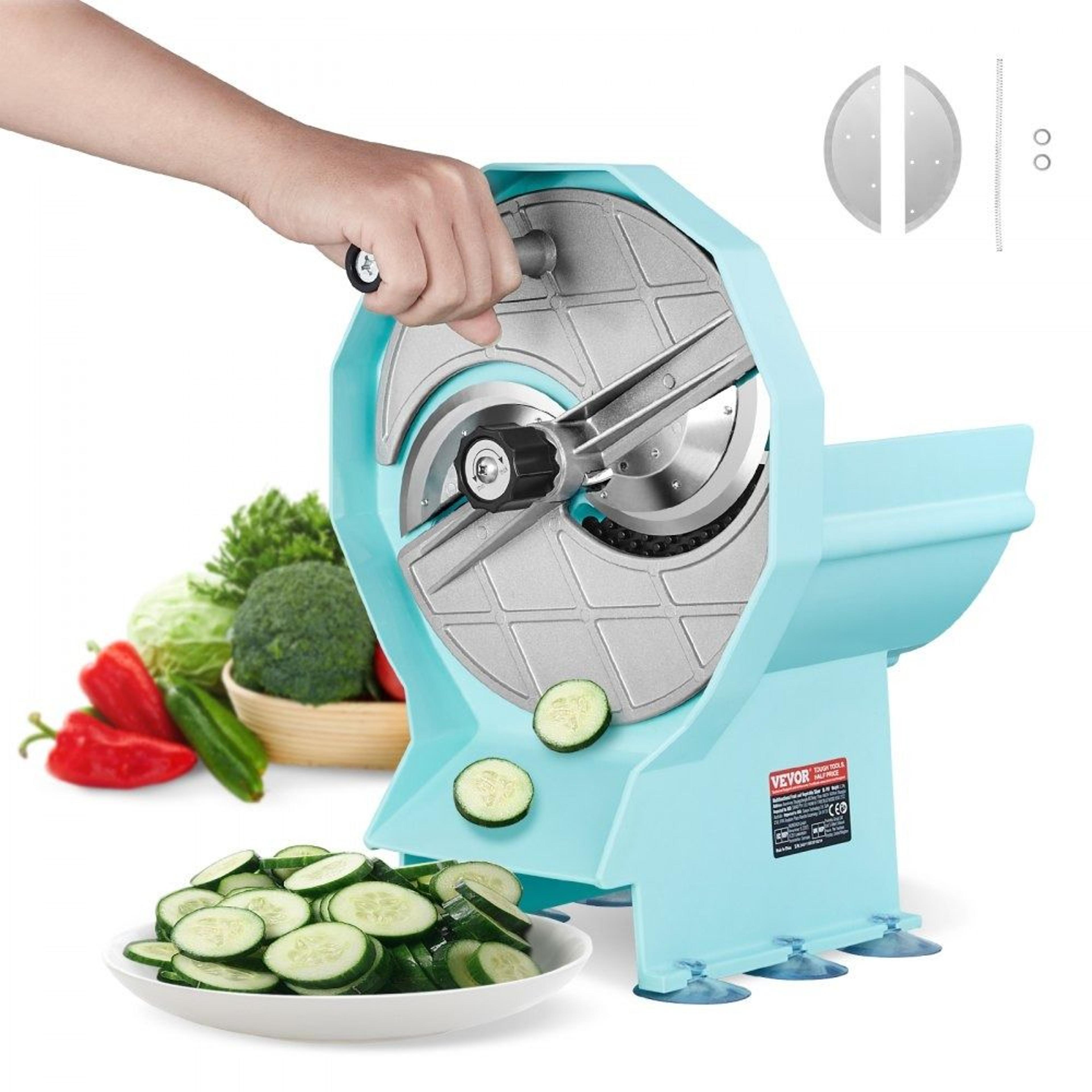 adjustable manual vegetable fruit slicer with dual feed chutes and stainless steel blades