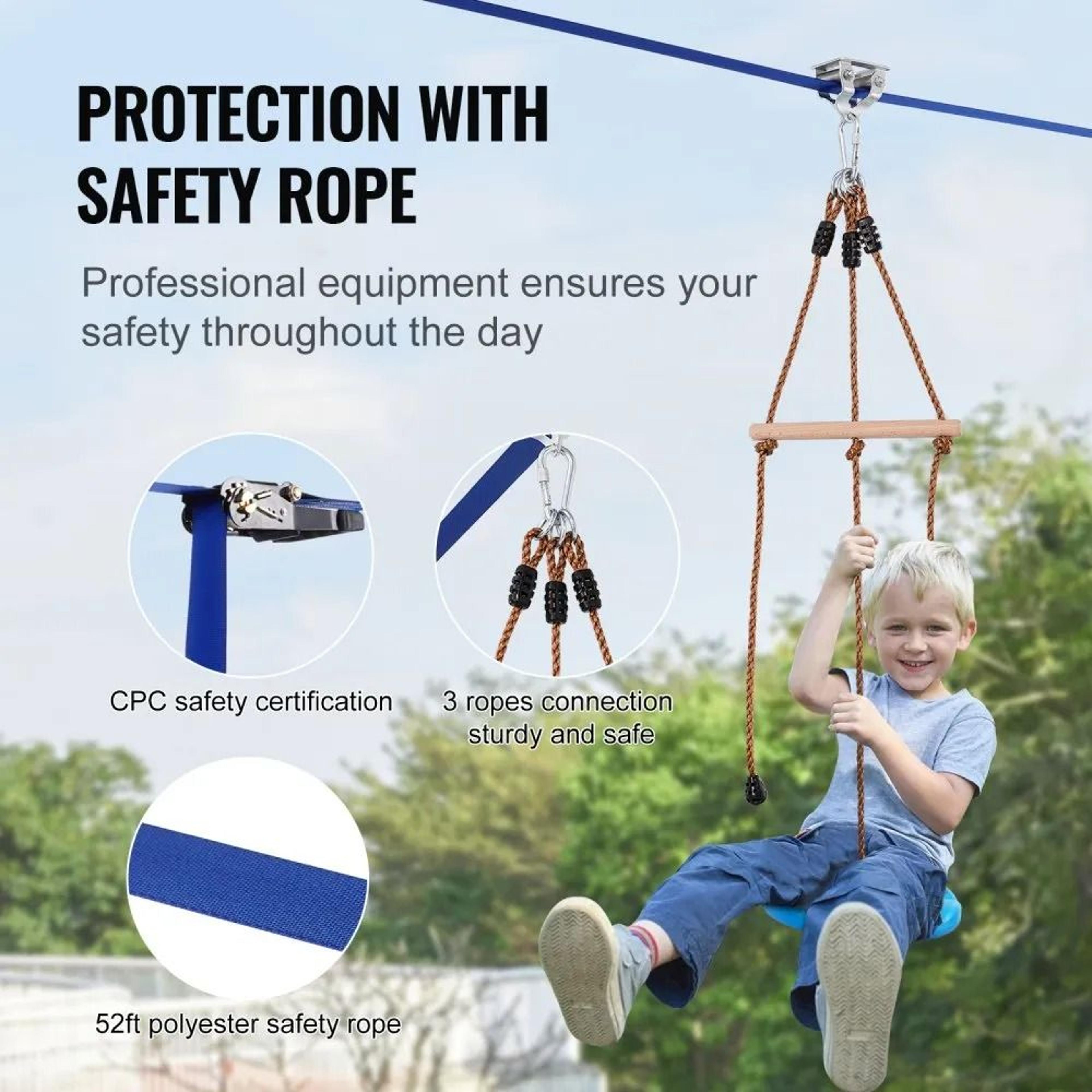 52 Ft Backyard Zipline Kit With Safety Harness Swing Seat And Handlebar 4