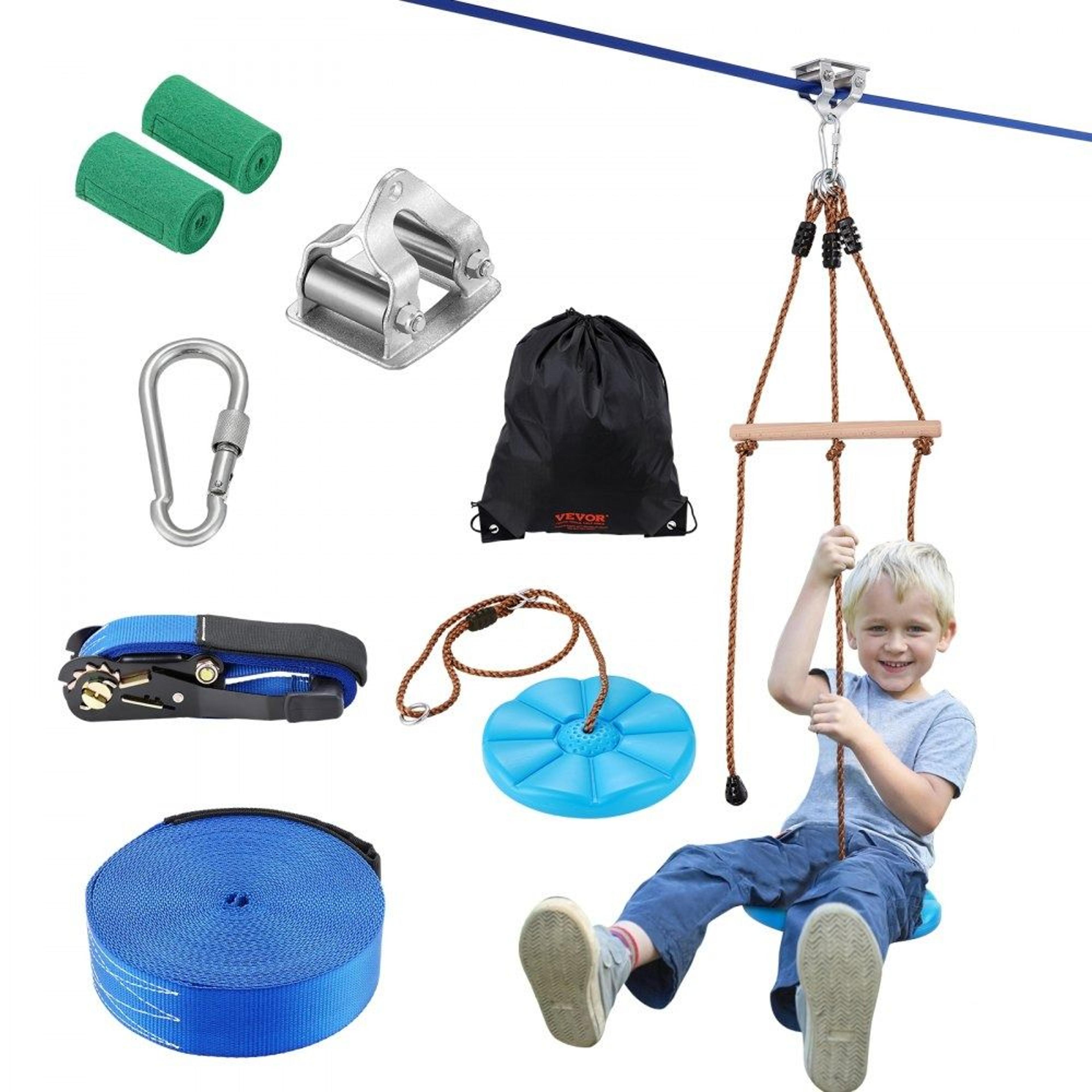 52 ft backyard zipline kit with safety harness swing seat and handlebar